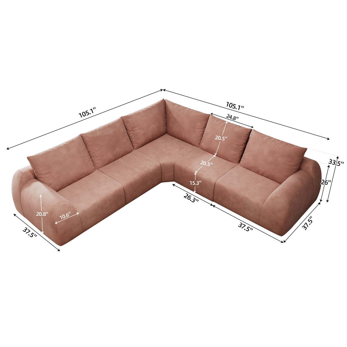 Chenille Boneless Couch — 5/6/7/9-Seat — Pink / 5-Seat
