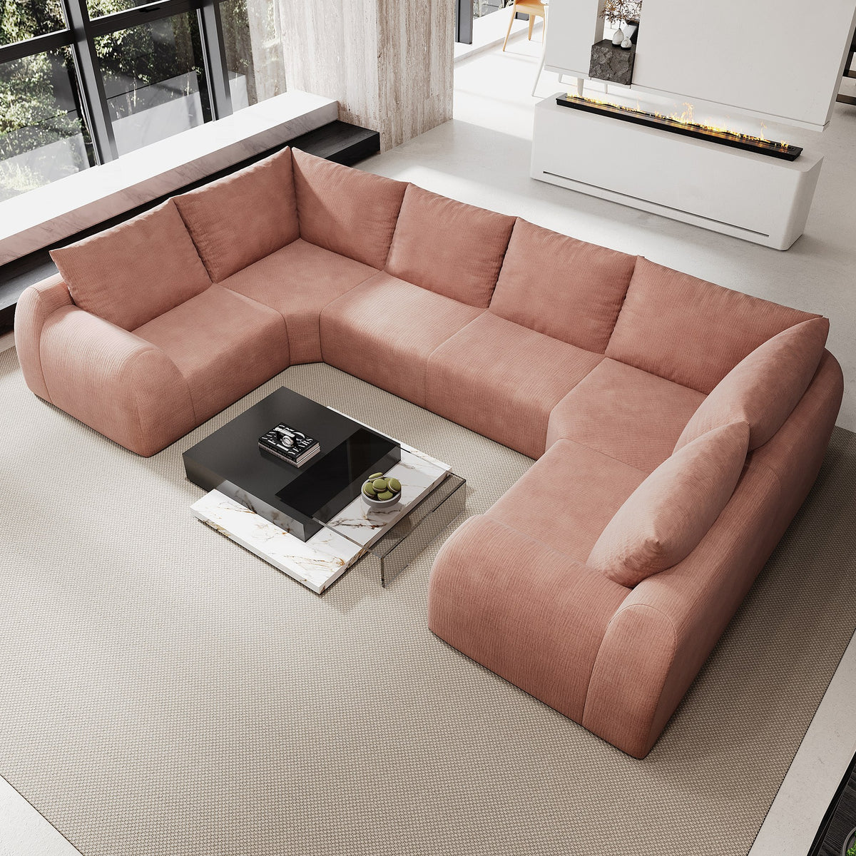 Chenille Boneless Couch — 5/6/7/9-Seat — Pink / 6-Seat