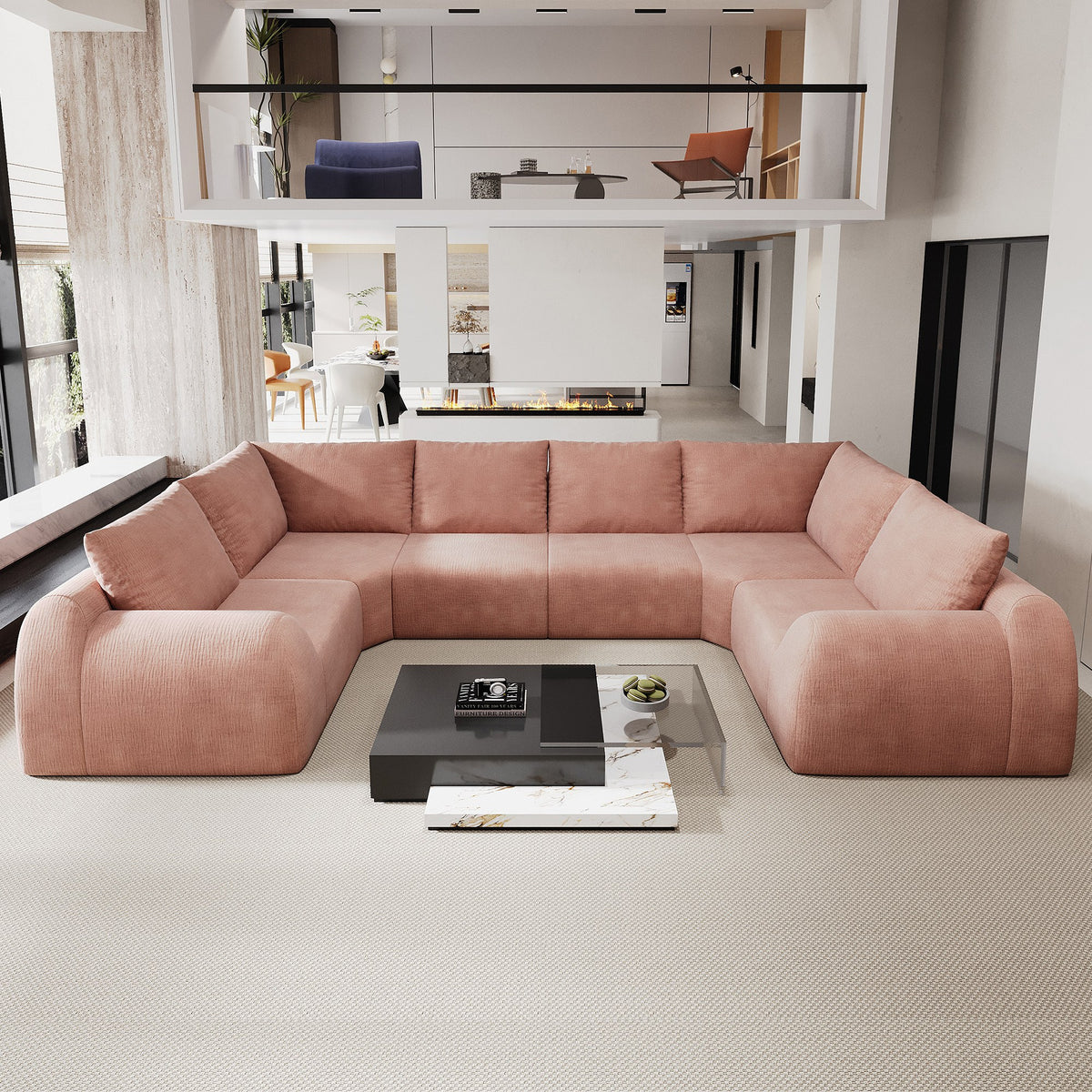 Chenille Boneless Couch — 5/6/7/9-Seat — Pink / 6-Seat