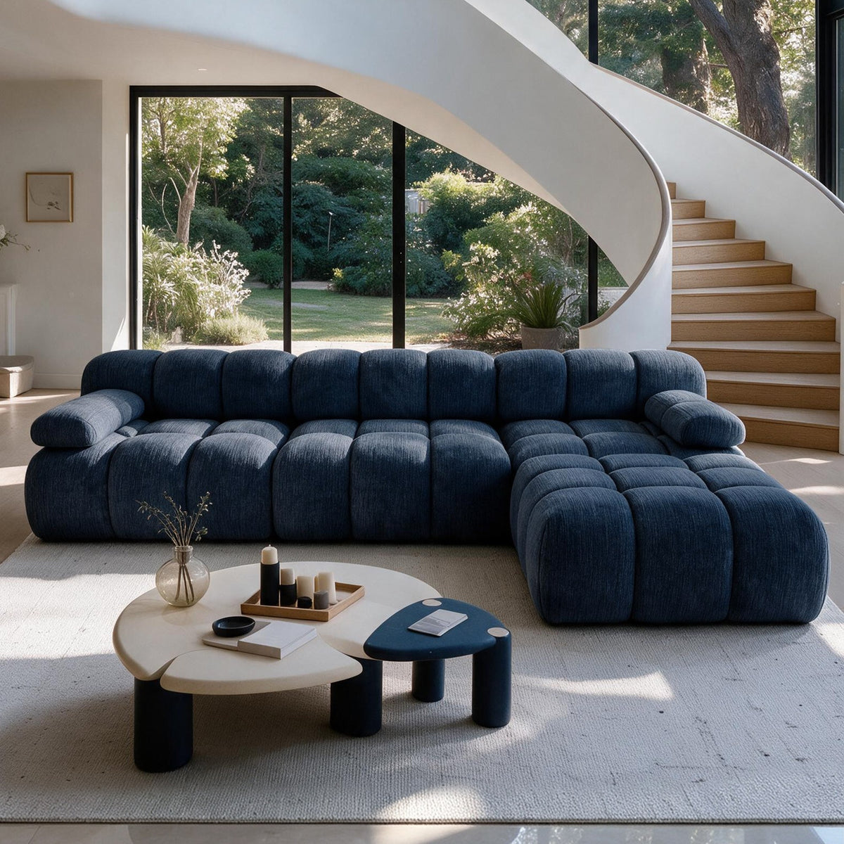 Chenille Boneless Sectional — 3/4/5/6-Seat — Dark Blue / 3-Seat + 1 Ottoman