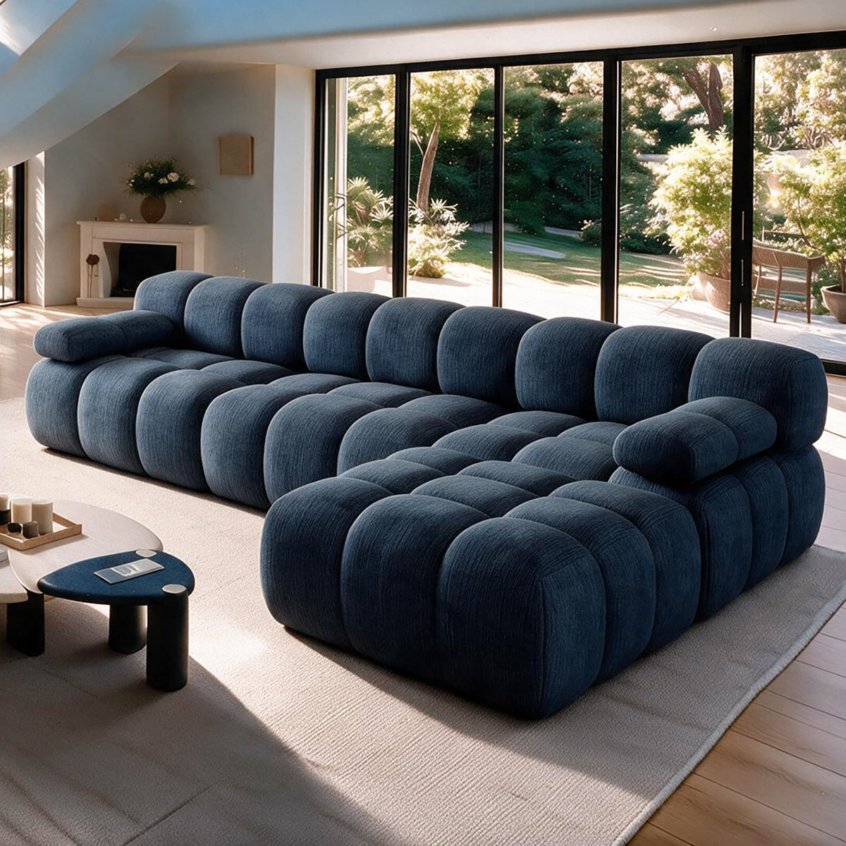 Chenille Boneless Sectional — 3/4/5/6-Seat — Dark Blue / 3-Seat + 1 Ottoman