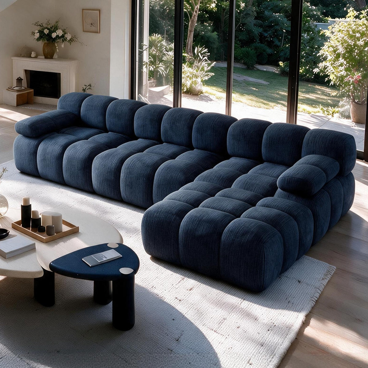 Chenille Boneless Sectional — 3/4/5/6-Seat — Dark Blue / 3-Seat + 1 Ottoman