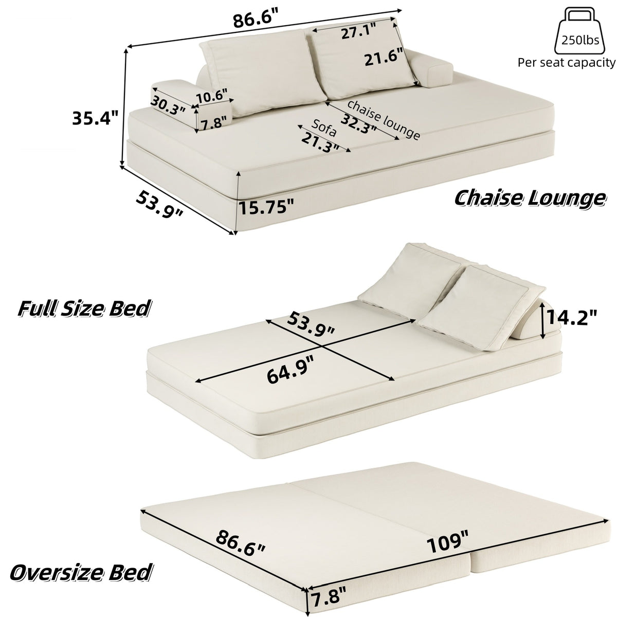 Chenille Boneless Sofa Bed — 2-Seat — dimensions — Beige