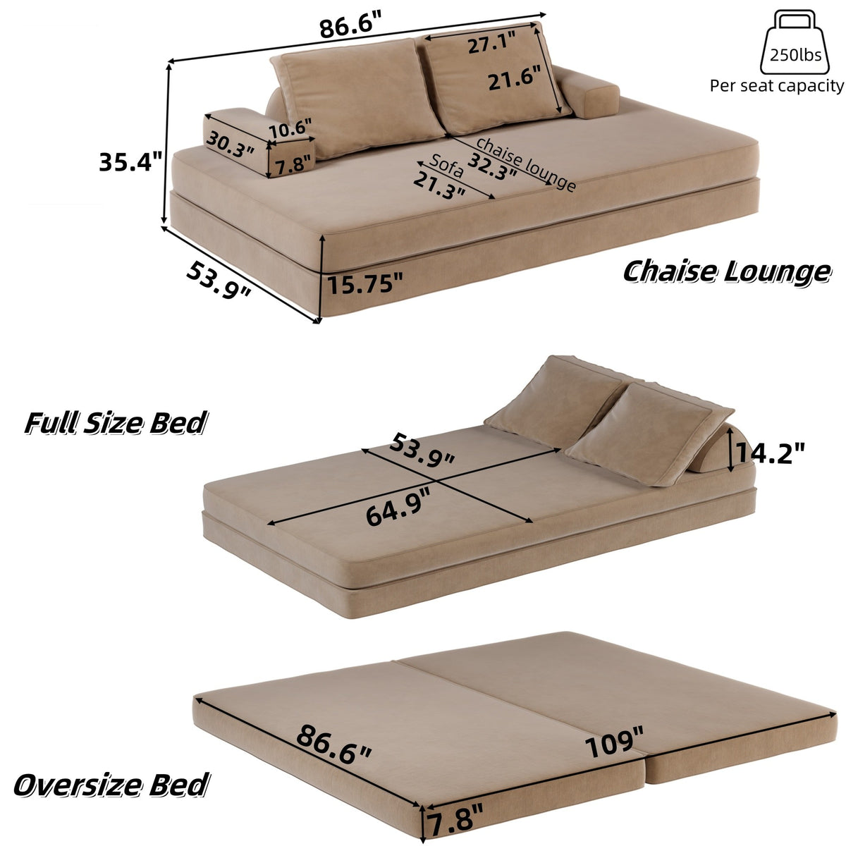Chenille Boneless Sofa Bed — 2-Seat — dimensions — Camel