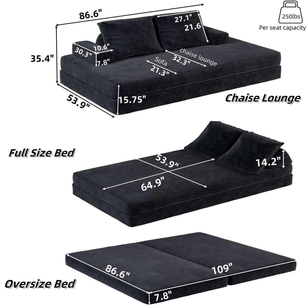 Chenille Boneless Sofa Bed — 2-Seat — dimensions — Dark Grey