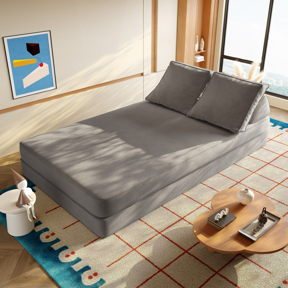 Chenille Boneless Sofa Bed — 2-Seat — Light Grey