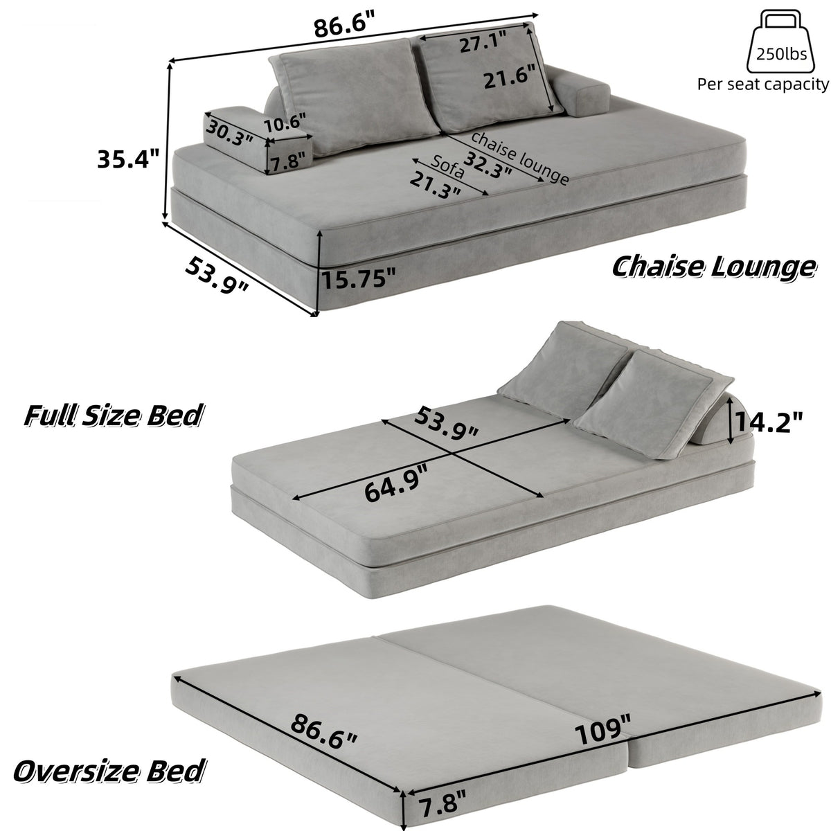 Chenille Boneless Sofa Bed — 2-Seat — dimensions — Light Grey