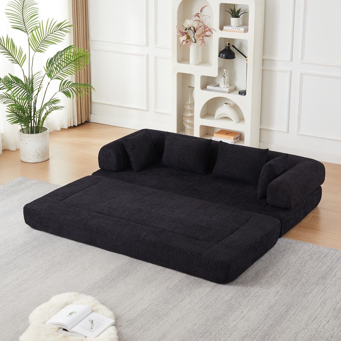 Black chenille compression sofa bed unfolded into a 78.9 by 74.8 inch bed — Black