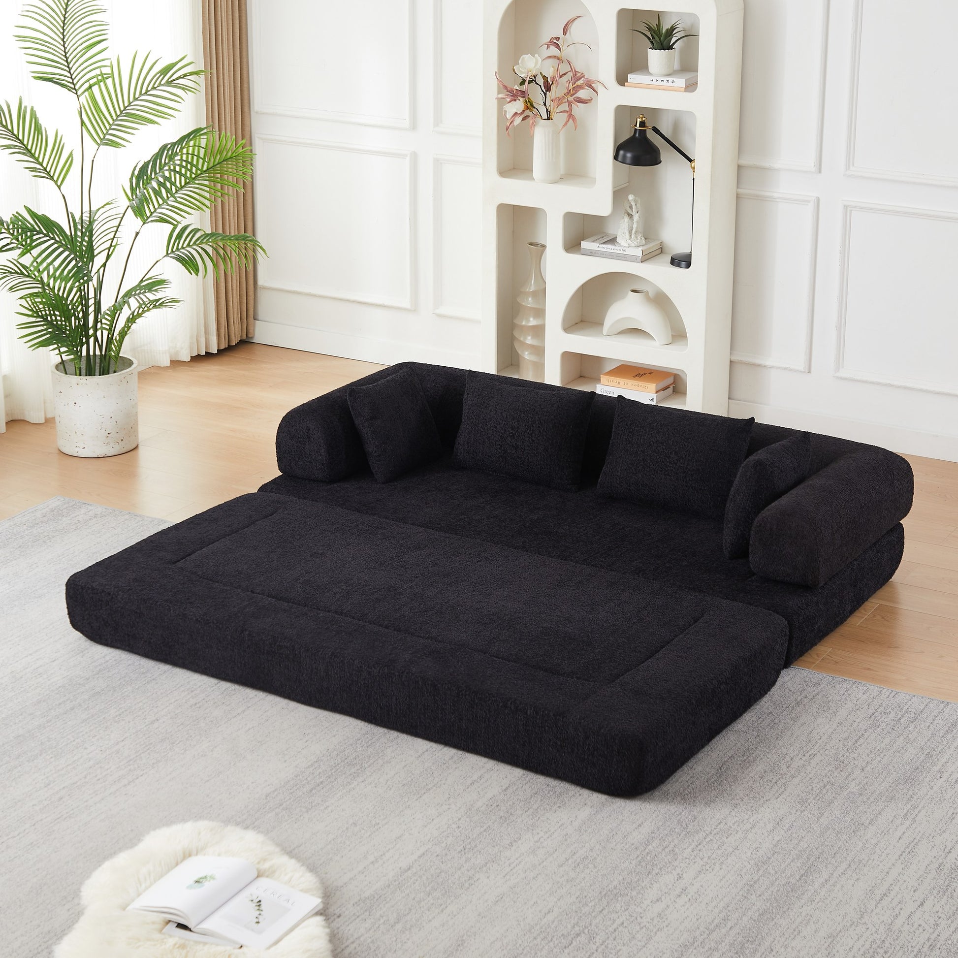 Black chenille compression sofa bed unfolded into a 78.9 by 74.8 inch bed — Black