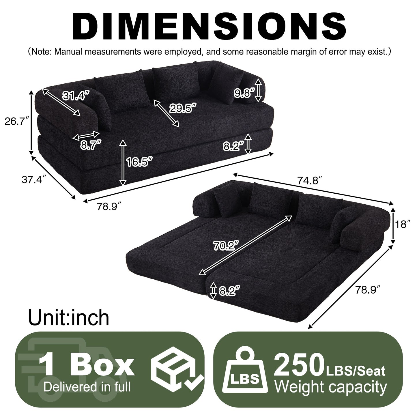 Dimensions: 78.9 in wide, 37.4 in deep, 26.7 in high; bed 78.9 by 74.8 in — dimensions — Black
