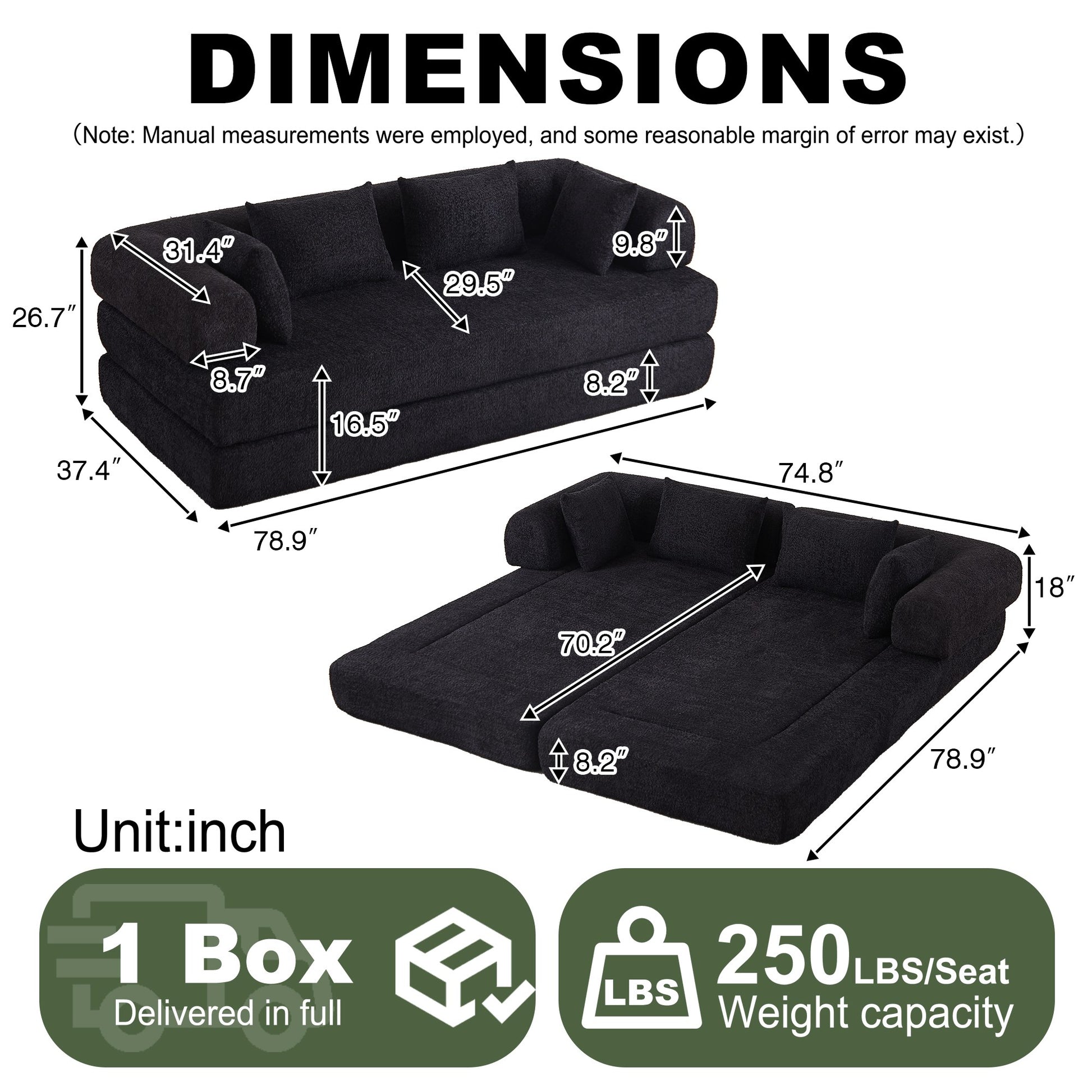 Dimensions: 78.9 in wide, 37.4 in deep, 26.7 in high; bed 78.9 by 74.8 in — dimensions — Black