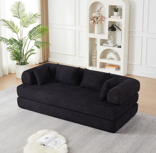 Black chenille compression sofa bed, 79-inch 2-seat, in a living room — Black