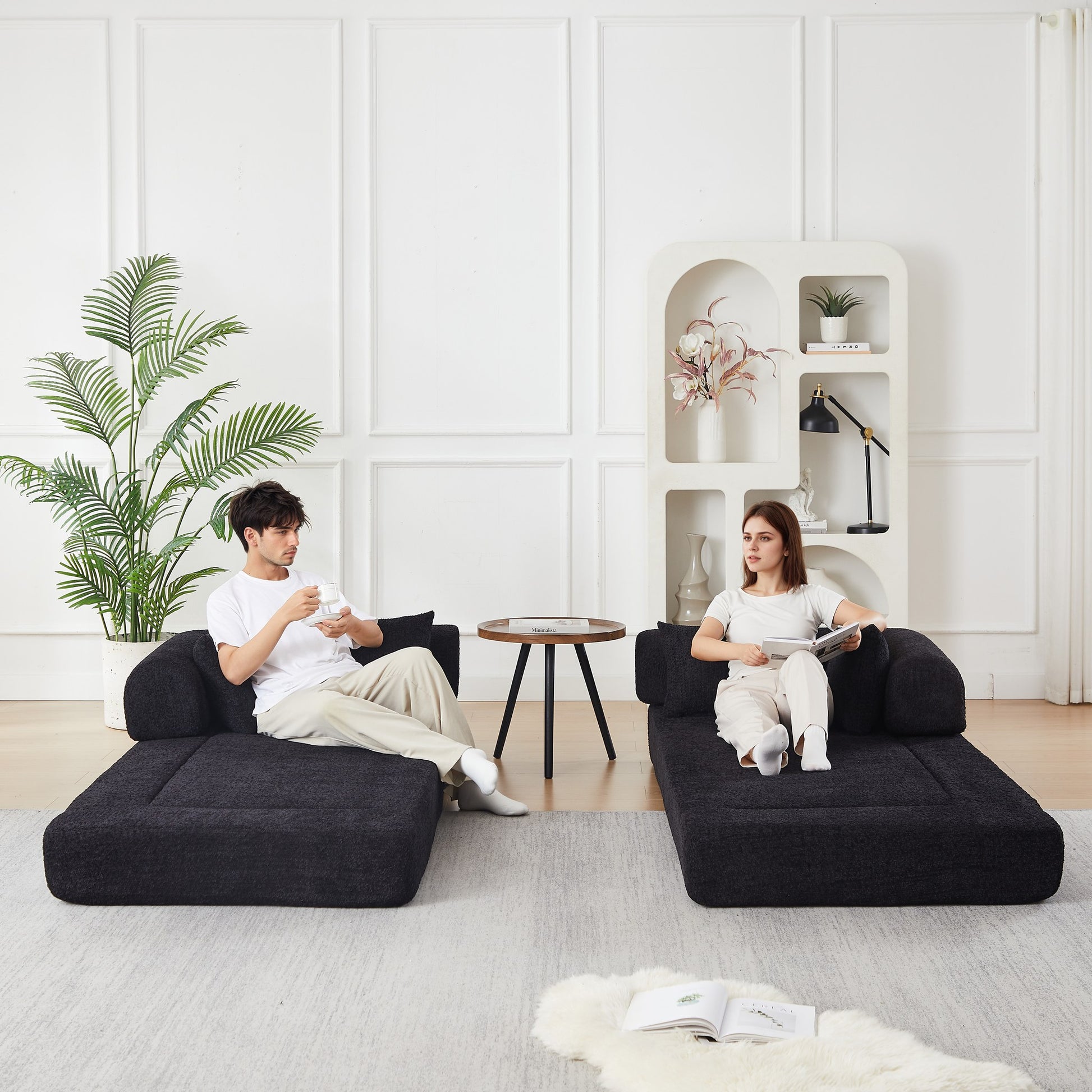 Black chenille compression sofa bed divided into two separate floor seats — Black