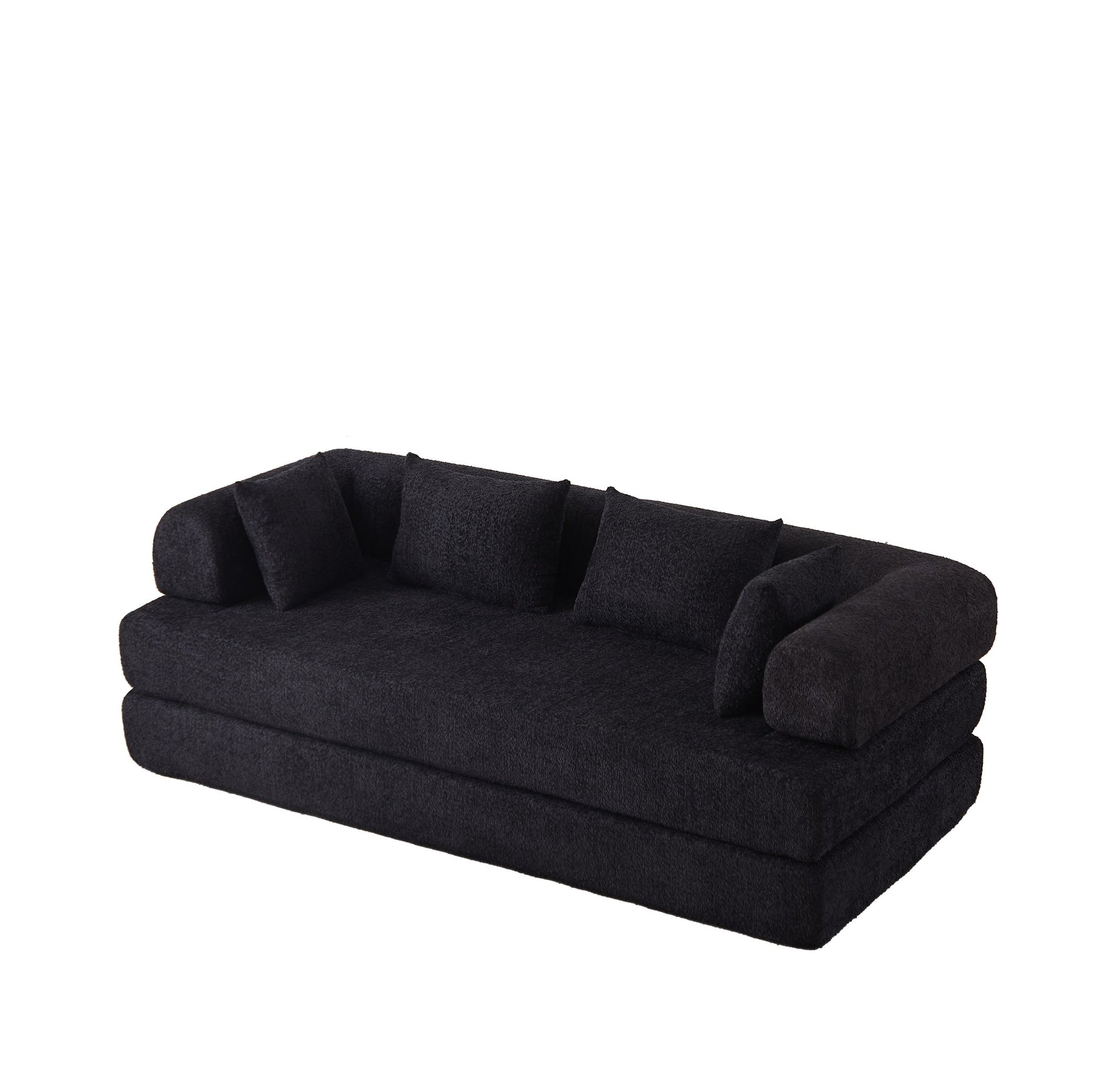 Black chenille compression sofa bed, 79-inch 2-seat, on a white background — Black