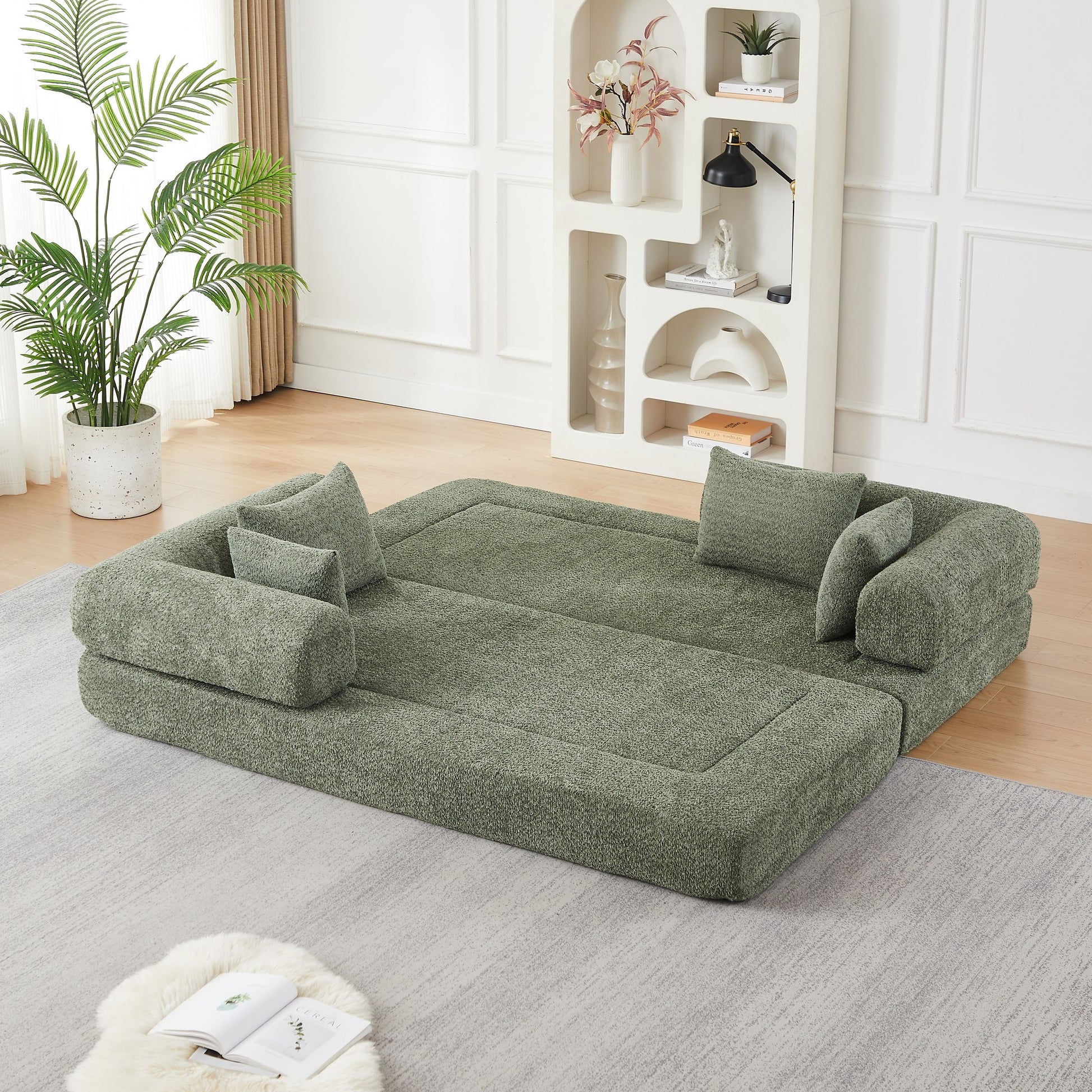 Green chenille compression sofa bed unfolded into a 78.9 by 74.8 inch bed — Green