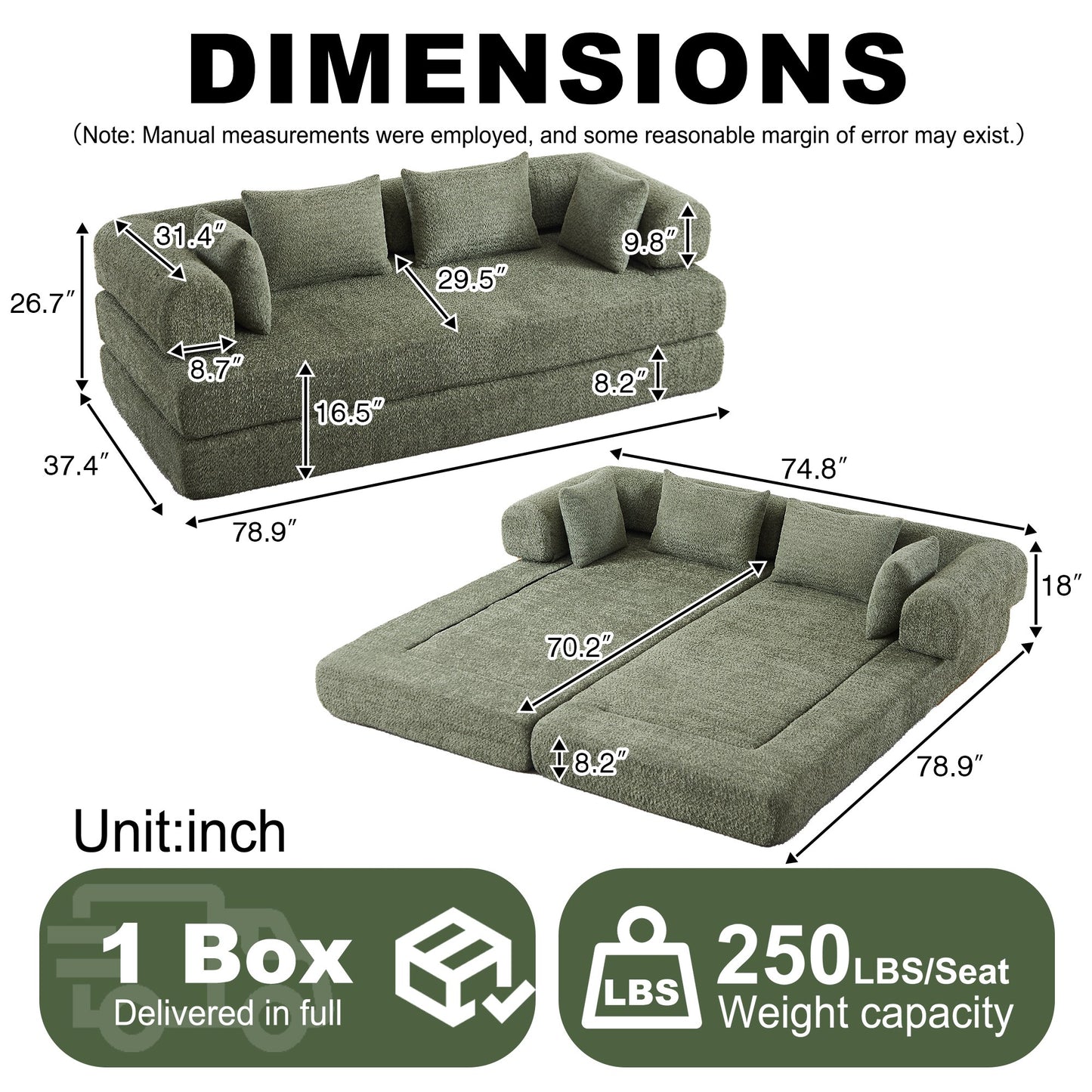 Dimensions: 78.9 in wide, 37.4 in deep, 26.7 in high; bed 78.9 by 74.8 in — dimensions — Green