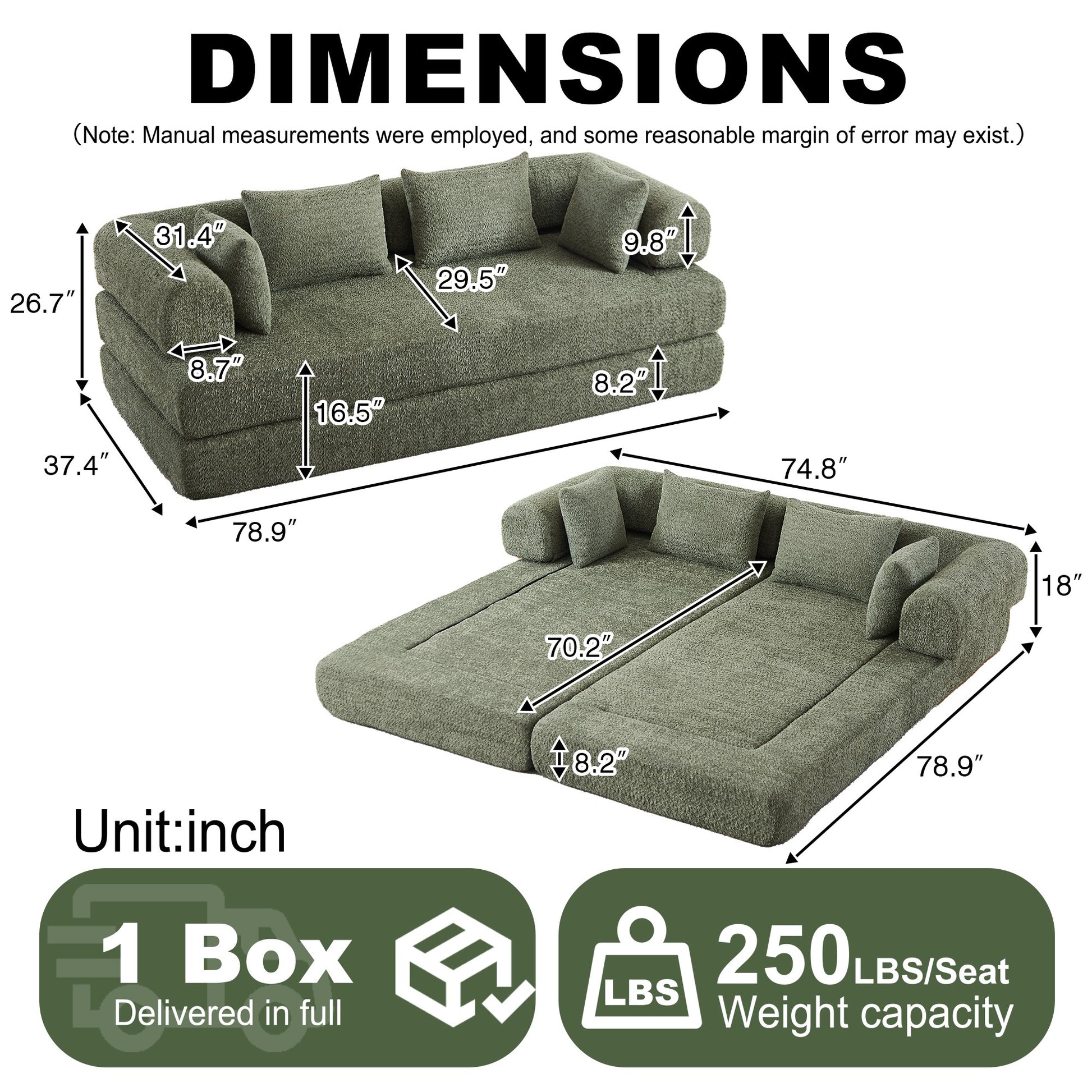 Dimensions: 78.9 in wide, 37.4 in deep, 26.7 in high; bed 78.9 by 74.8 in — dimensions — Green