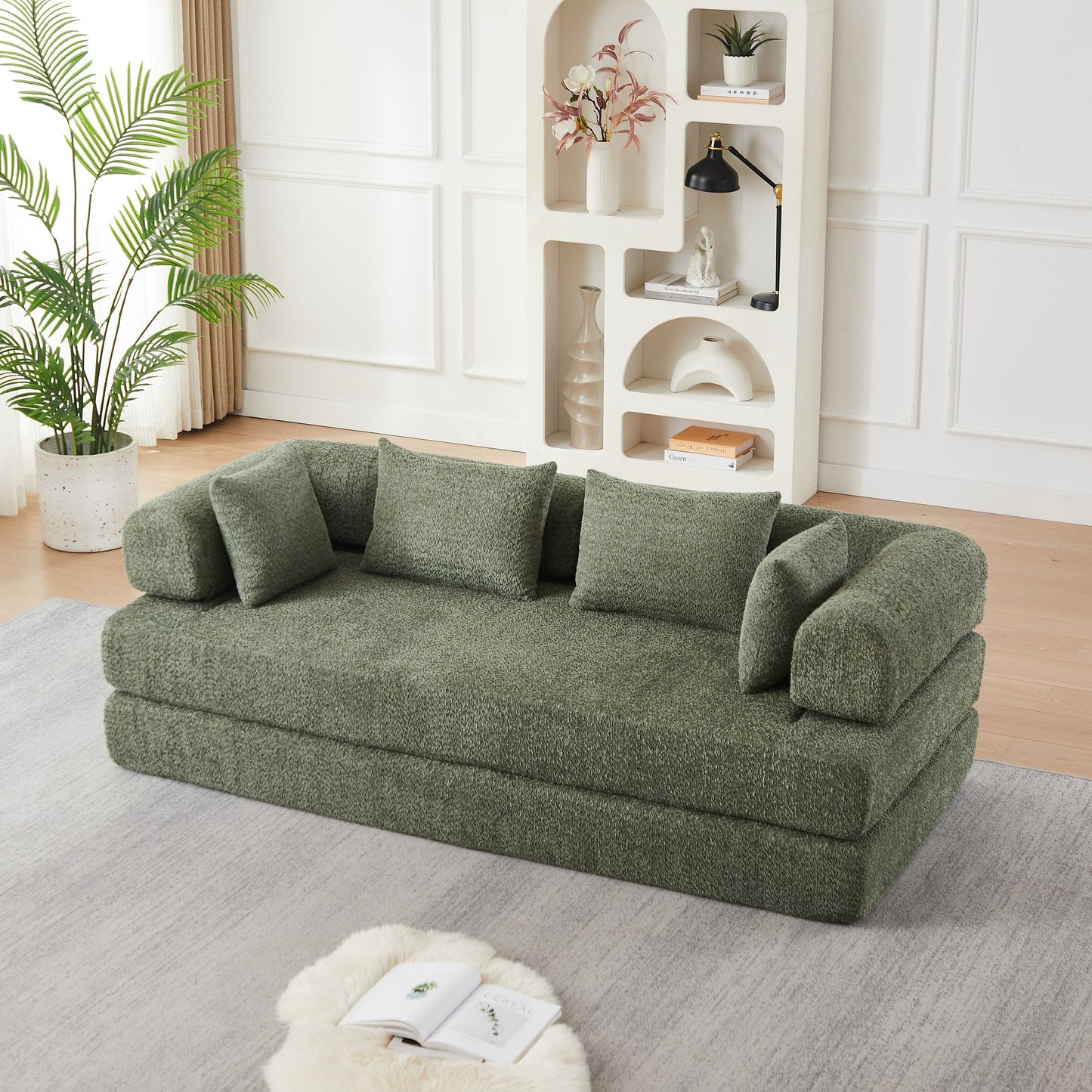 Green chenille compression sofa bed, 79-inch 2-seat, in a living room — Green