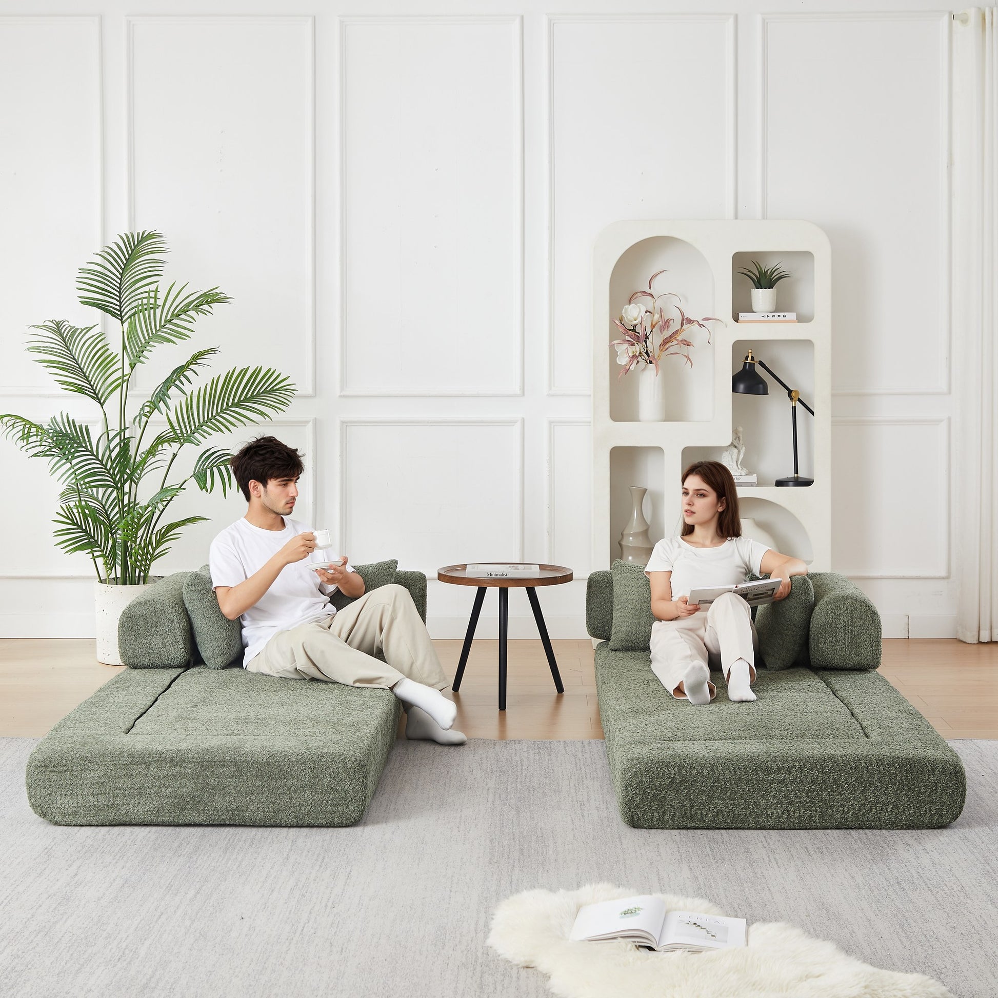 Green chenille compression sofa bed divided into two separate floor seats — Green