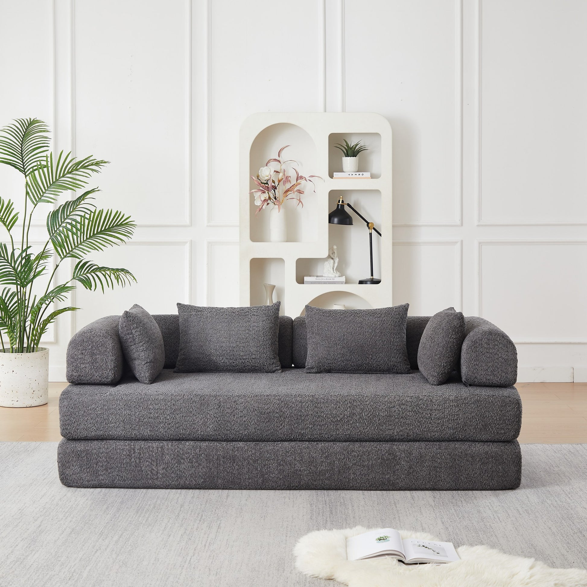 Grey chenille compression sofa bed seen at a 45-degree angle, sofa mode — Grey