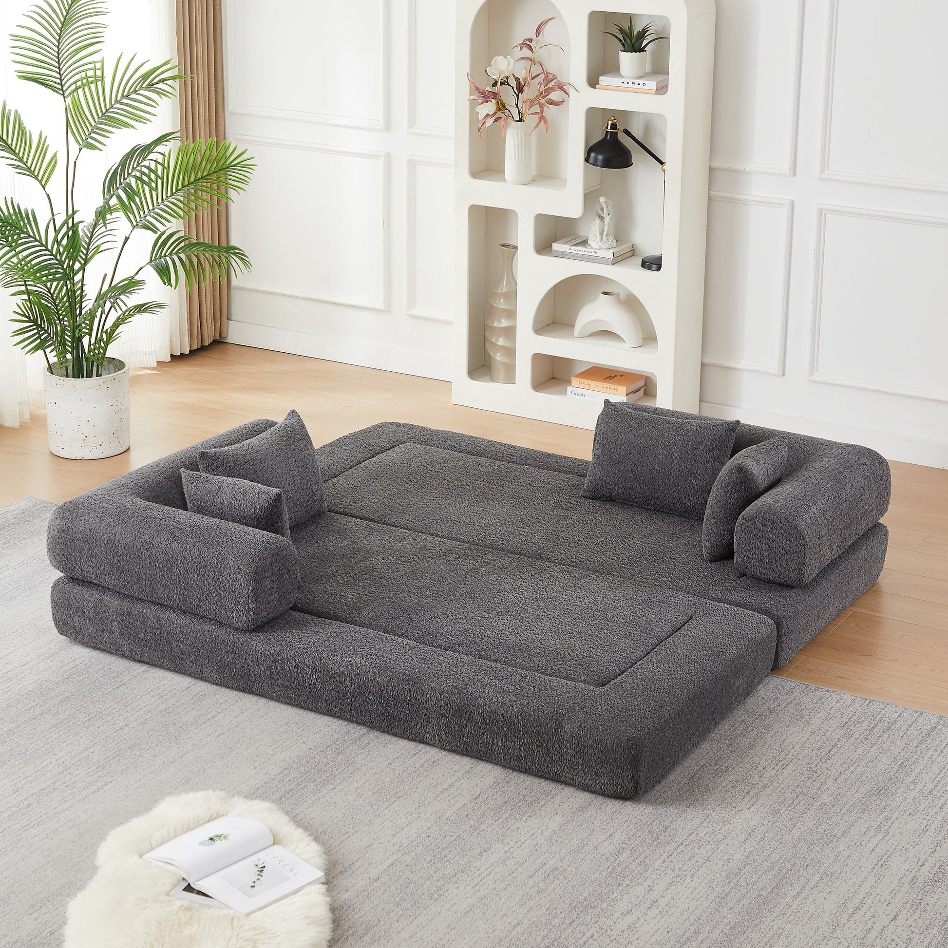 Grey chenille compression sofa bed unfolded into a 78.9 by 74.8 inch bed — Grey
