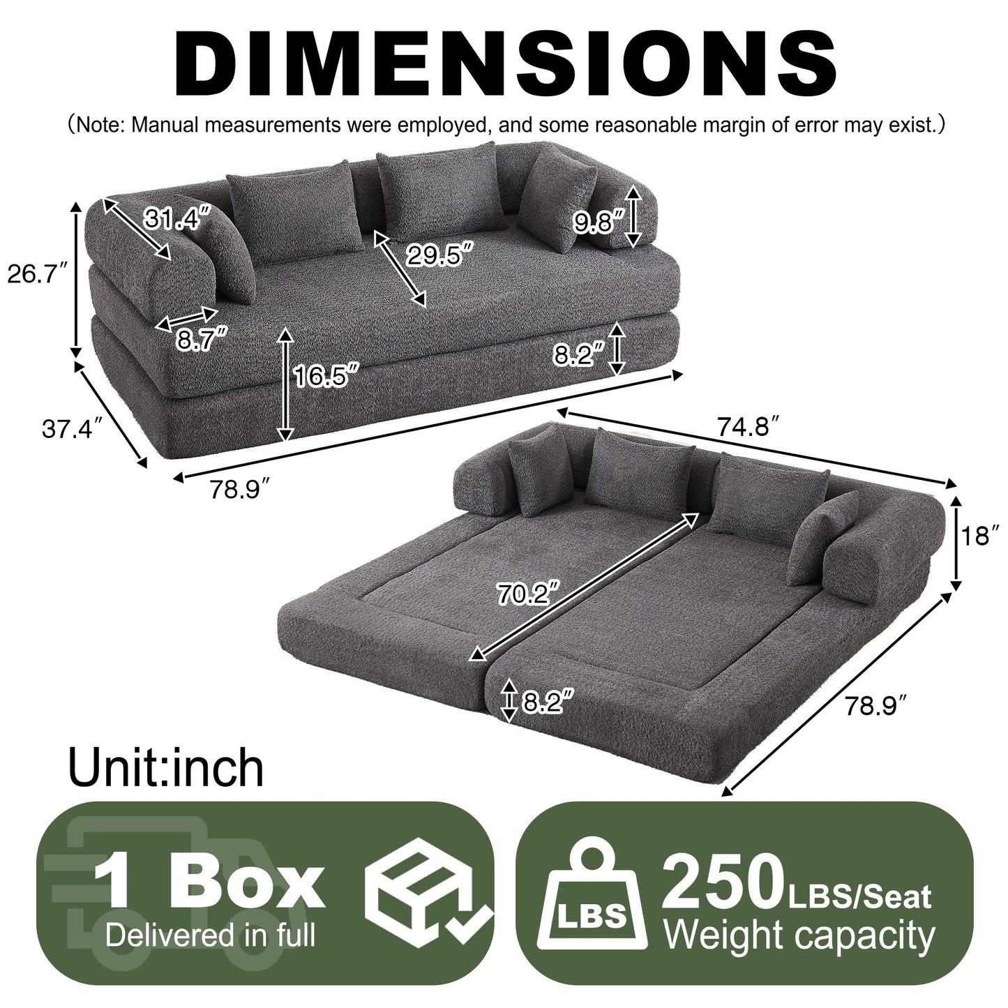 Dimensions: 78.9 in wide, 37.4 in deep, 26.7 in high; bed 78.9 by 74.8 in — dimensions — Grey