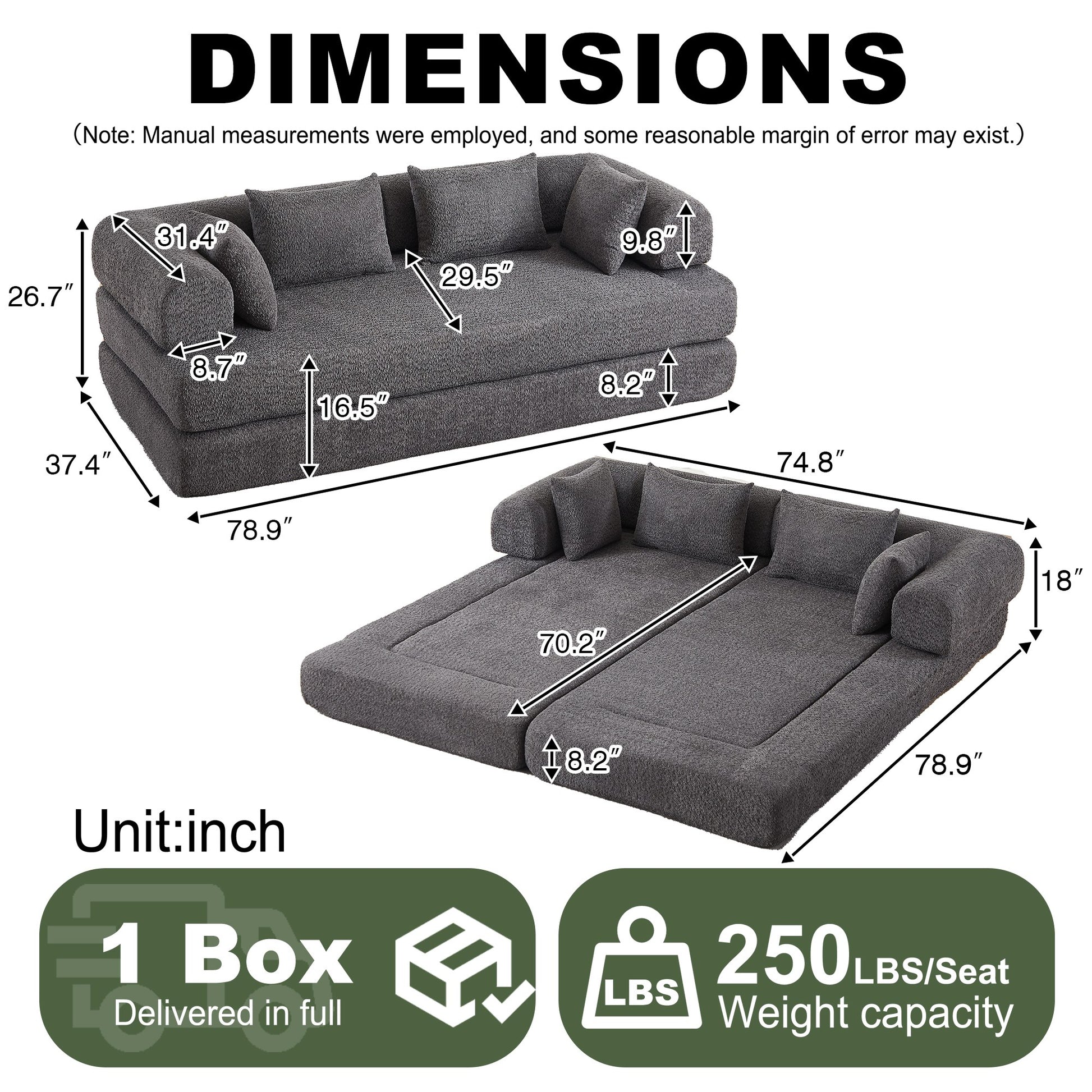 Dimensions: 78.9 in wide, 37.4 in deep, 26.7 in high; bed 78.9 by 74.8 in — dimensions — Grey