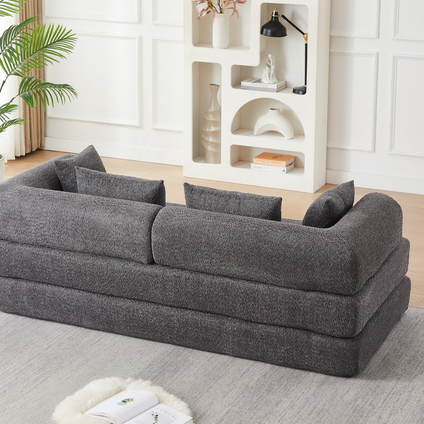 Grey chenille compression sofa bed, 79-inch 2-seat, in a living room — Grey