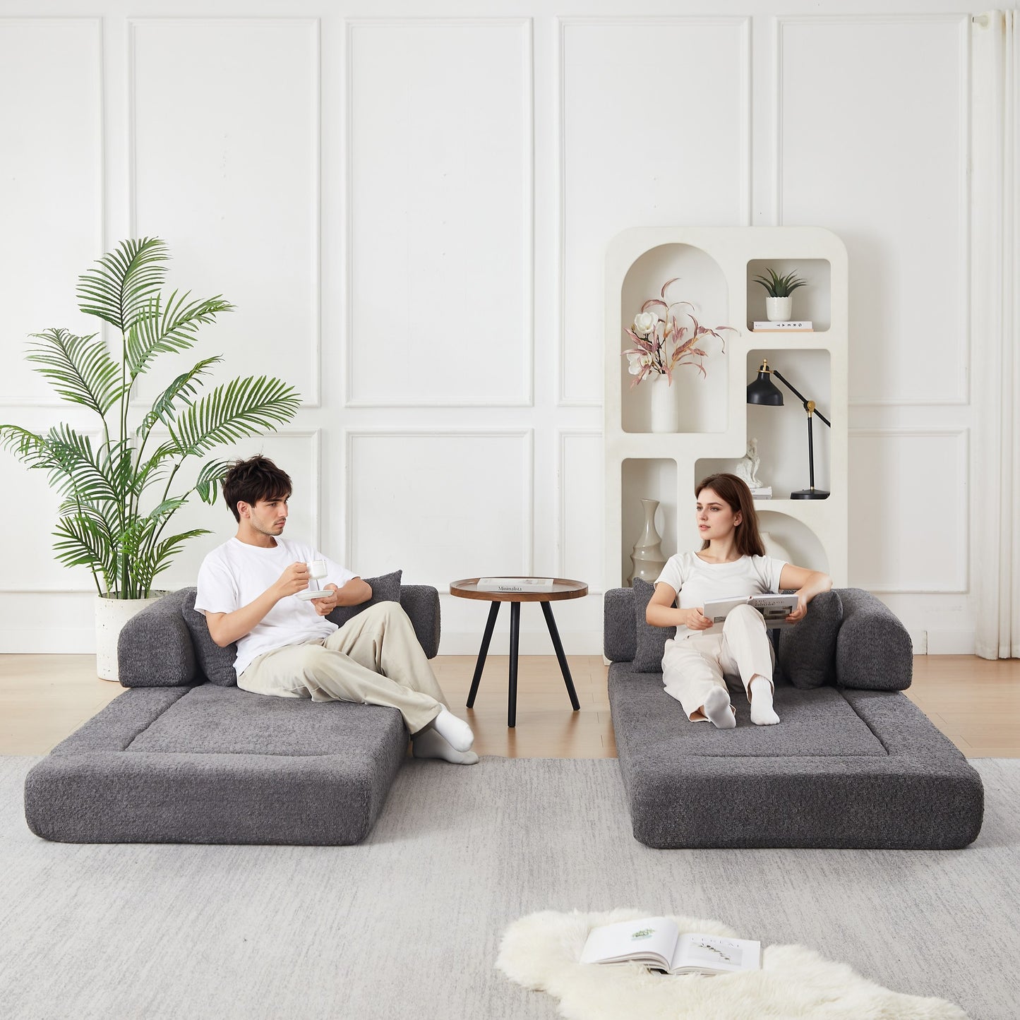 Grey chenille compression sofa bed divided into two separate floor seats — Grey