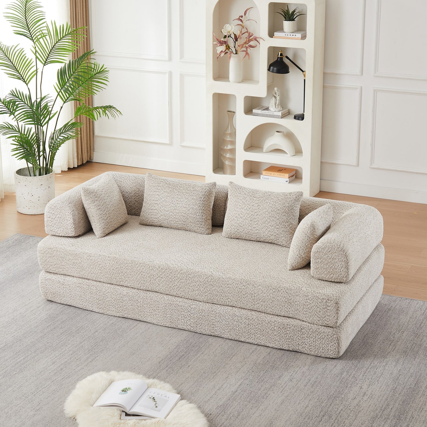 Khaki chenille compression sofa bed seen at a 45-degree angle, sofa mode — Khaki