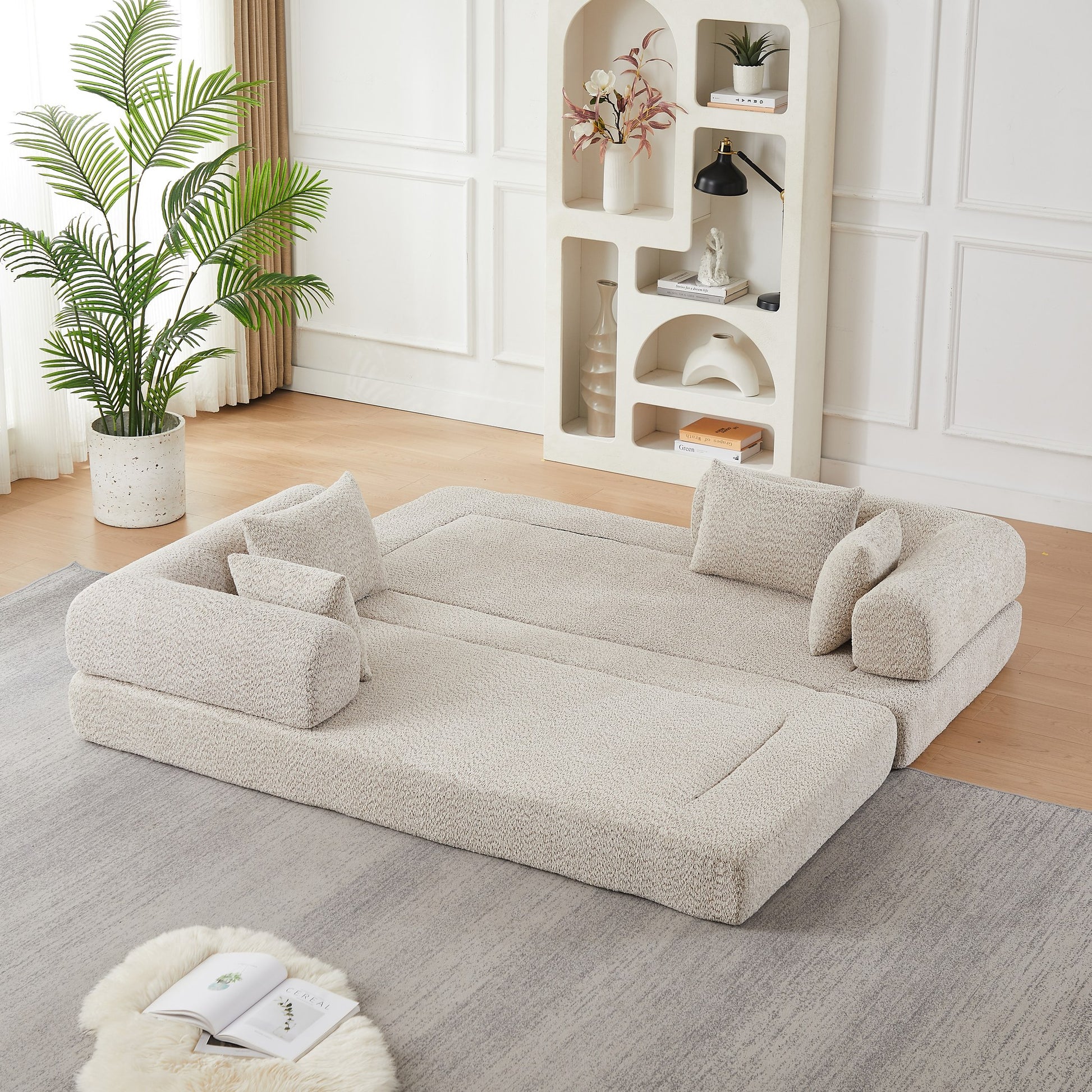 Khaki chenille compression sofa bed unfolded into a 78.9 by 74.8 inch bed — Khaki