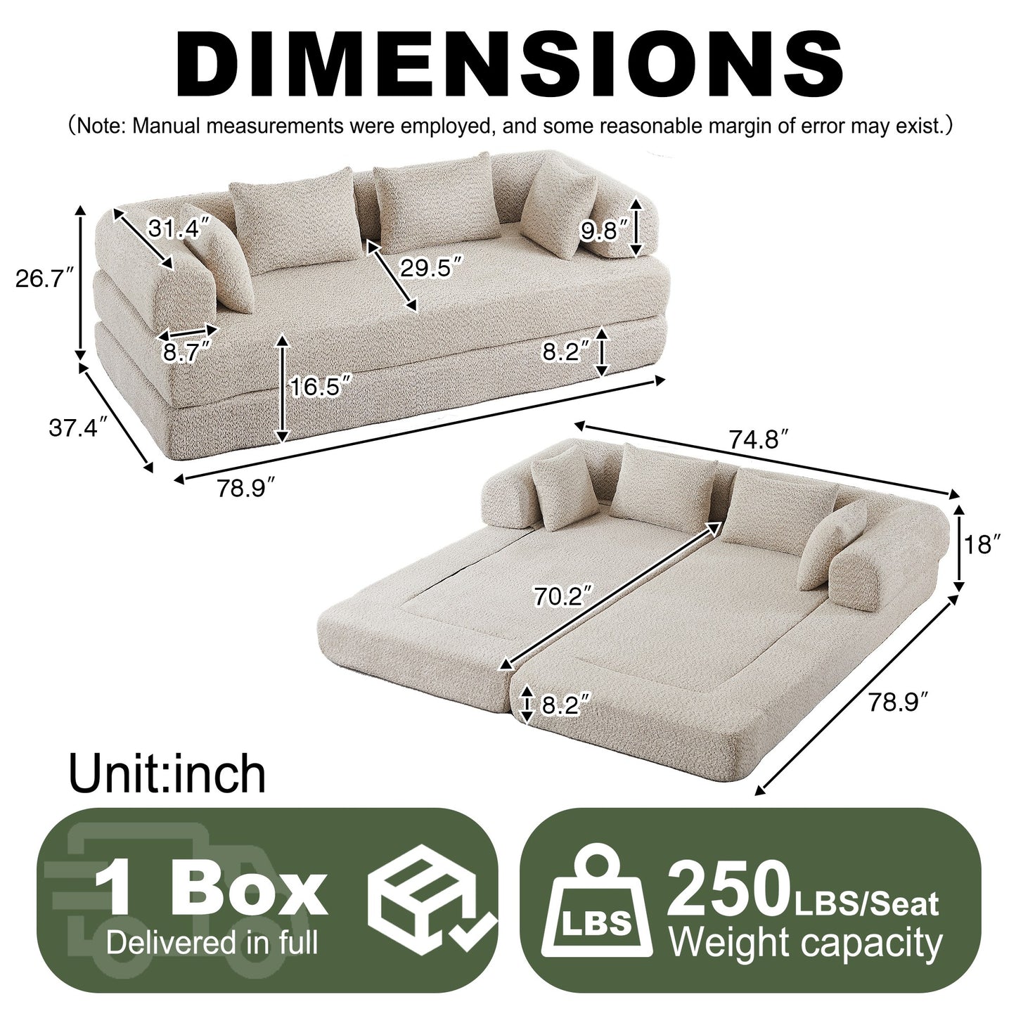 Dimensions: 78.9 in wide, 37.4 in deep, 26.7 in high; bed 78.9 by 74.8 in — dimensions — Khaki
