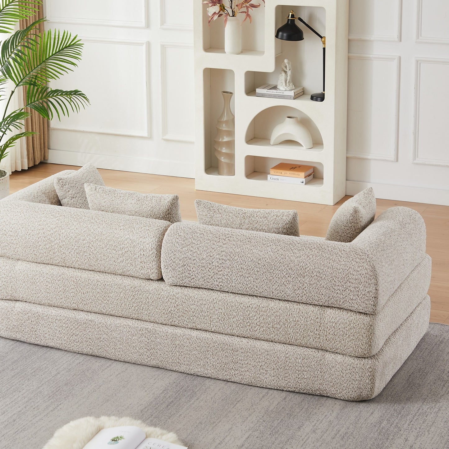 Khaki chenille compression sofa bed, 79-inch 2-seat, in a living room — Khaki