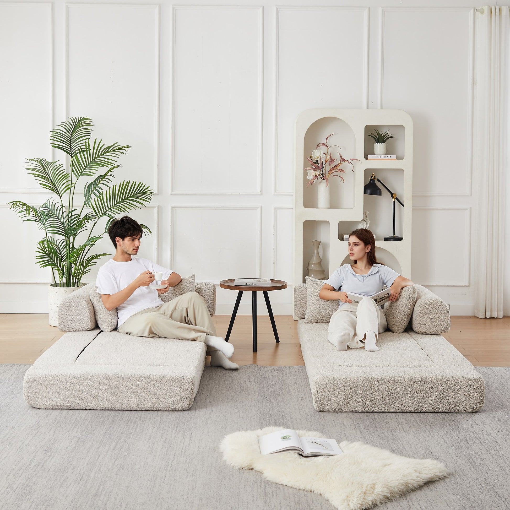 Khaki chenille compression sofa bed divided into two separate floor seats — Khaki