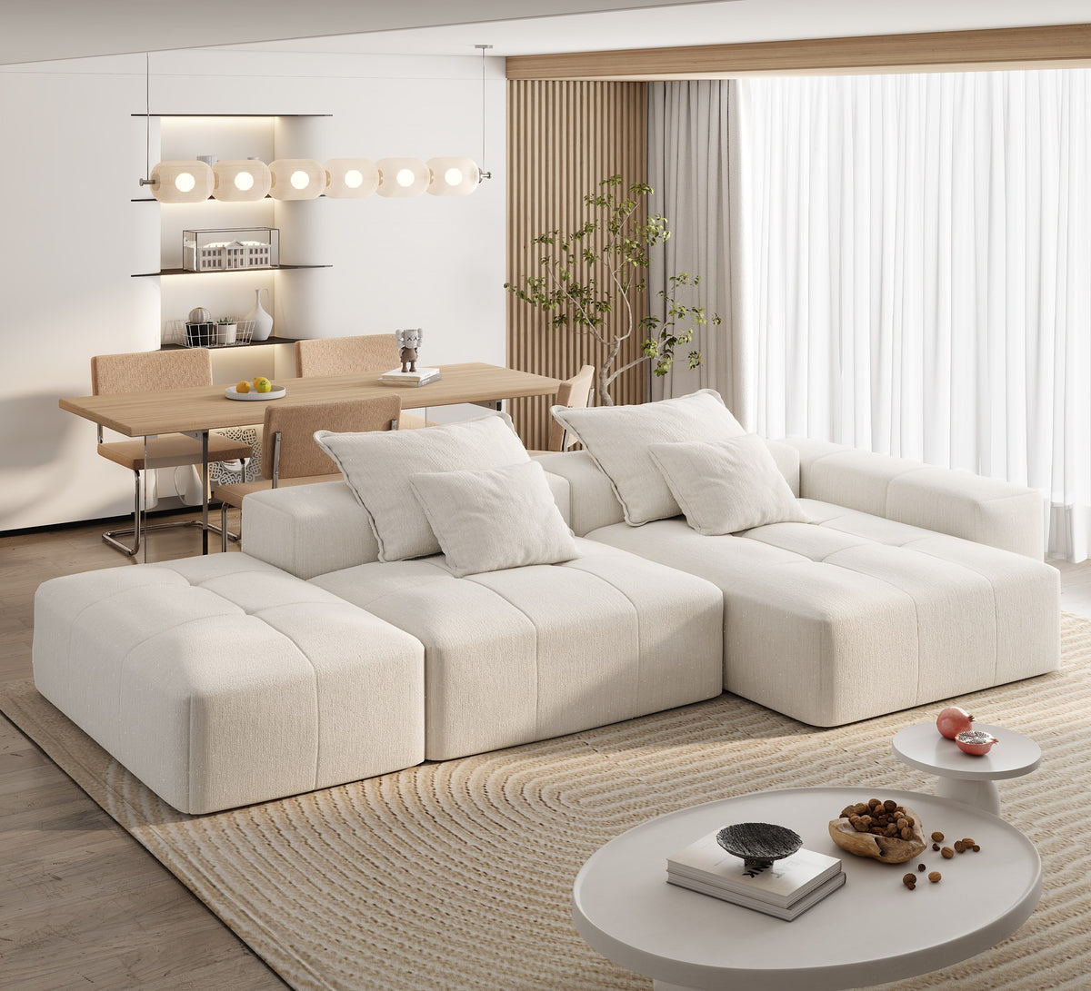 Chenille Spring-Core Boneless Couch — 128"W — Beige + White