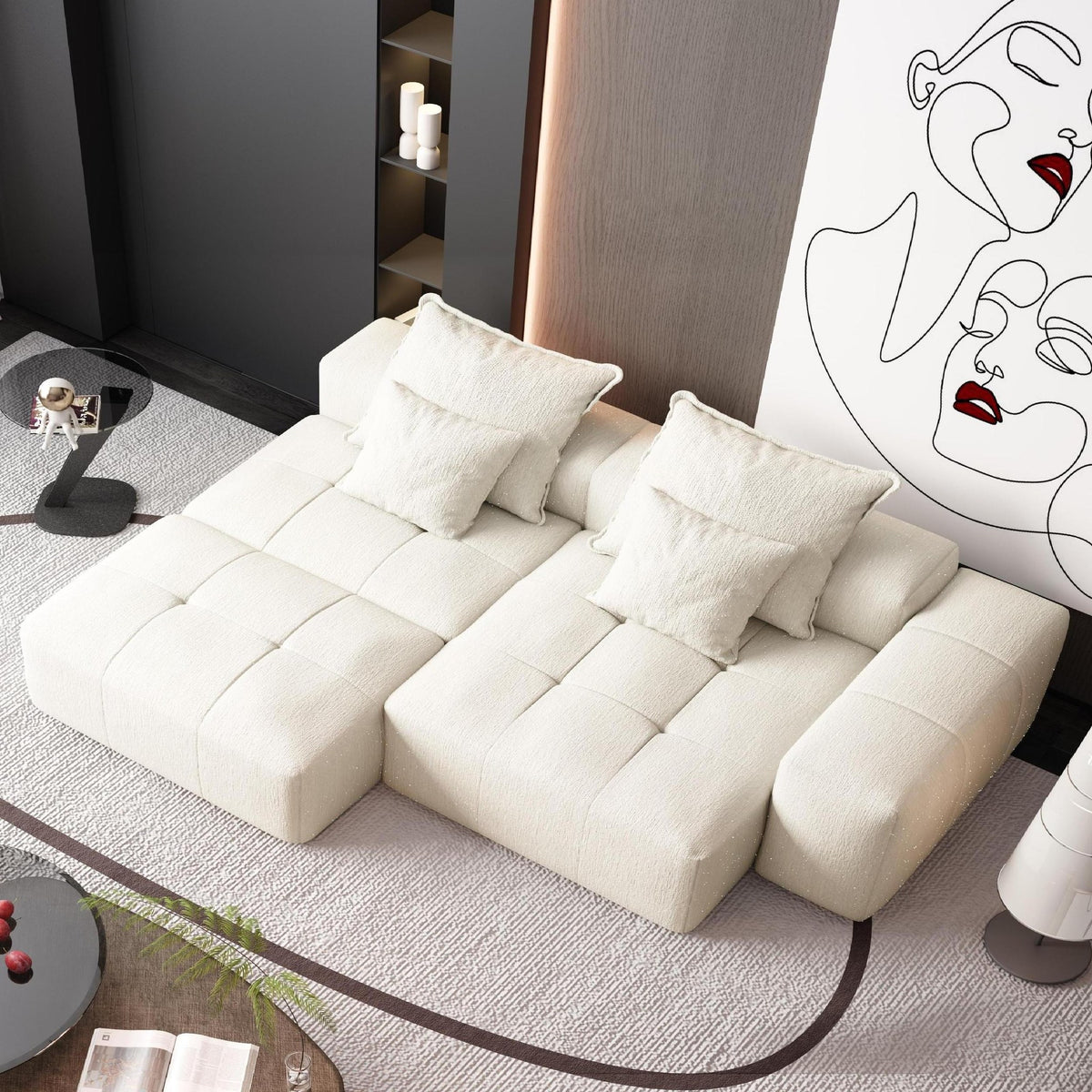 Chenille Spring-Core Boneless Couch — 128"W — Beige + White