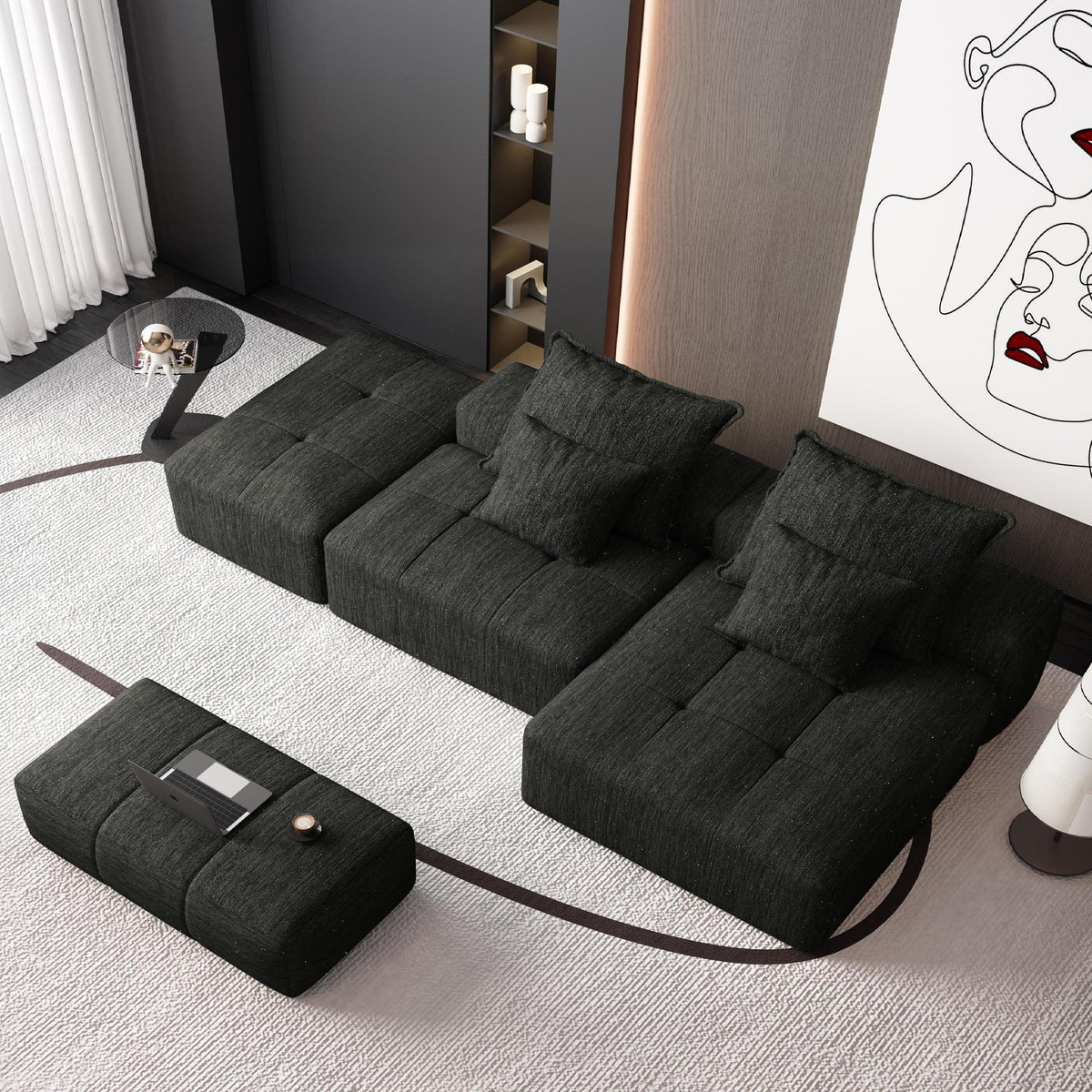 Chenille Spring-Core Boneless Couch — 128"W — Black