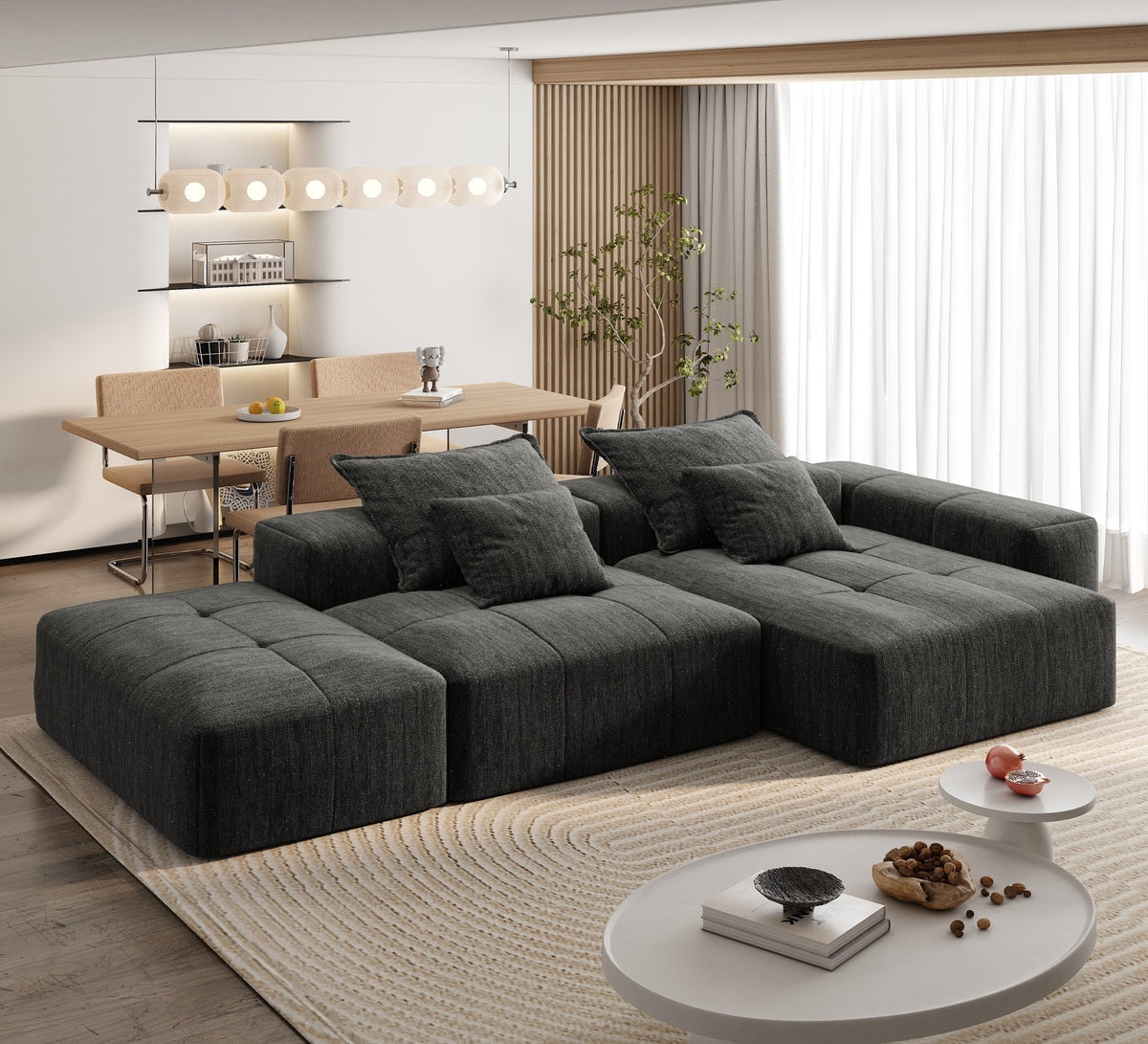 Chenille Spring-Core Boneless Couch — 128"W — Black