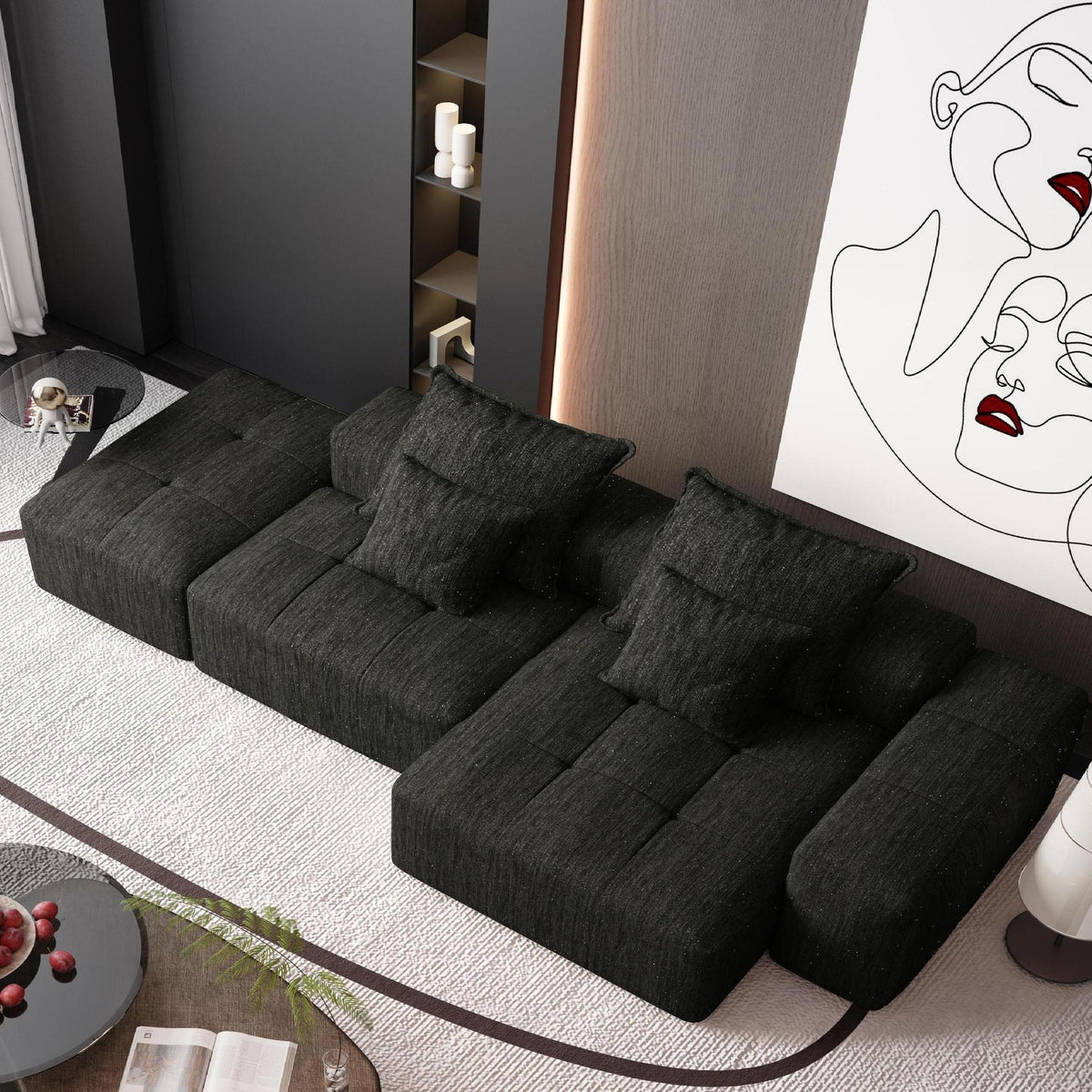 Chenille Spring-Core Boneless Couch — 128"W — Black