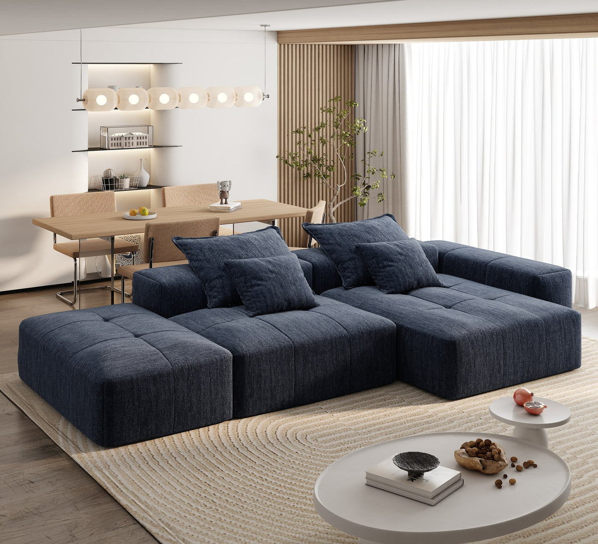 Chenille Spring-Core Boneless Couch — 128"W — Blue