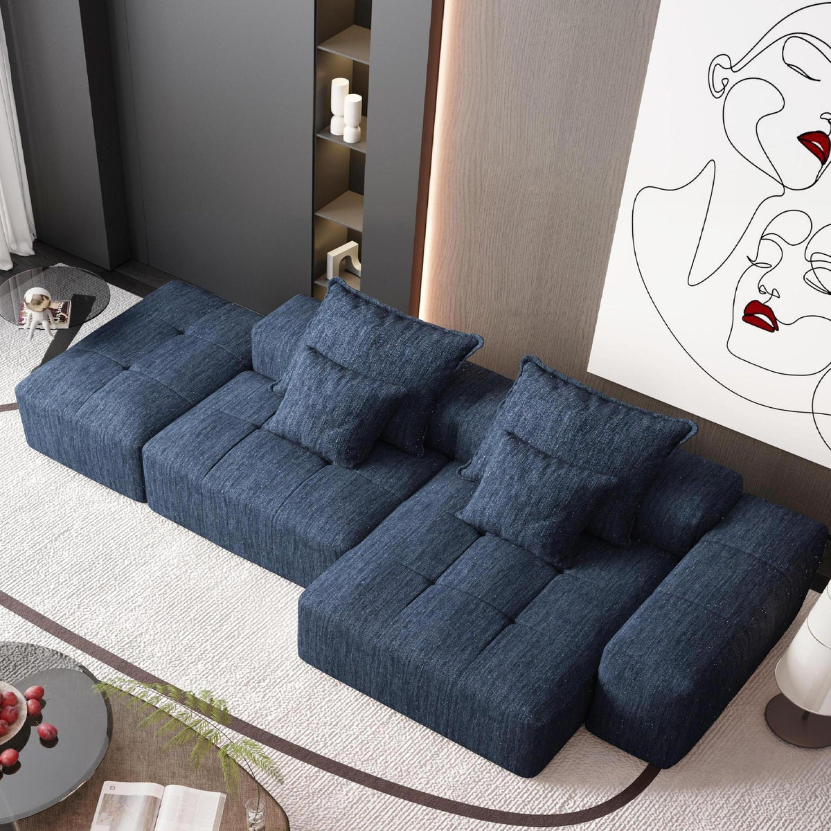 Chenille Spring-Core Boneless Couch — 128"W — Blue
