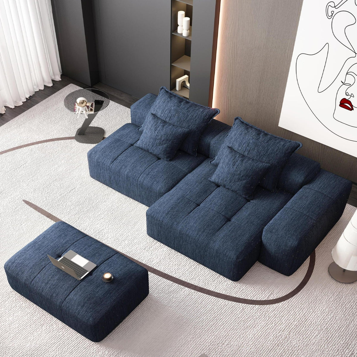 Chenille Spring-Core Boneless Couch — 128"W — Blue