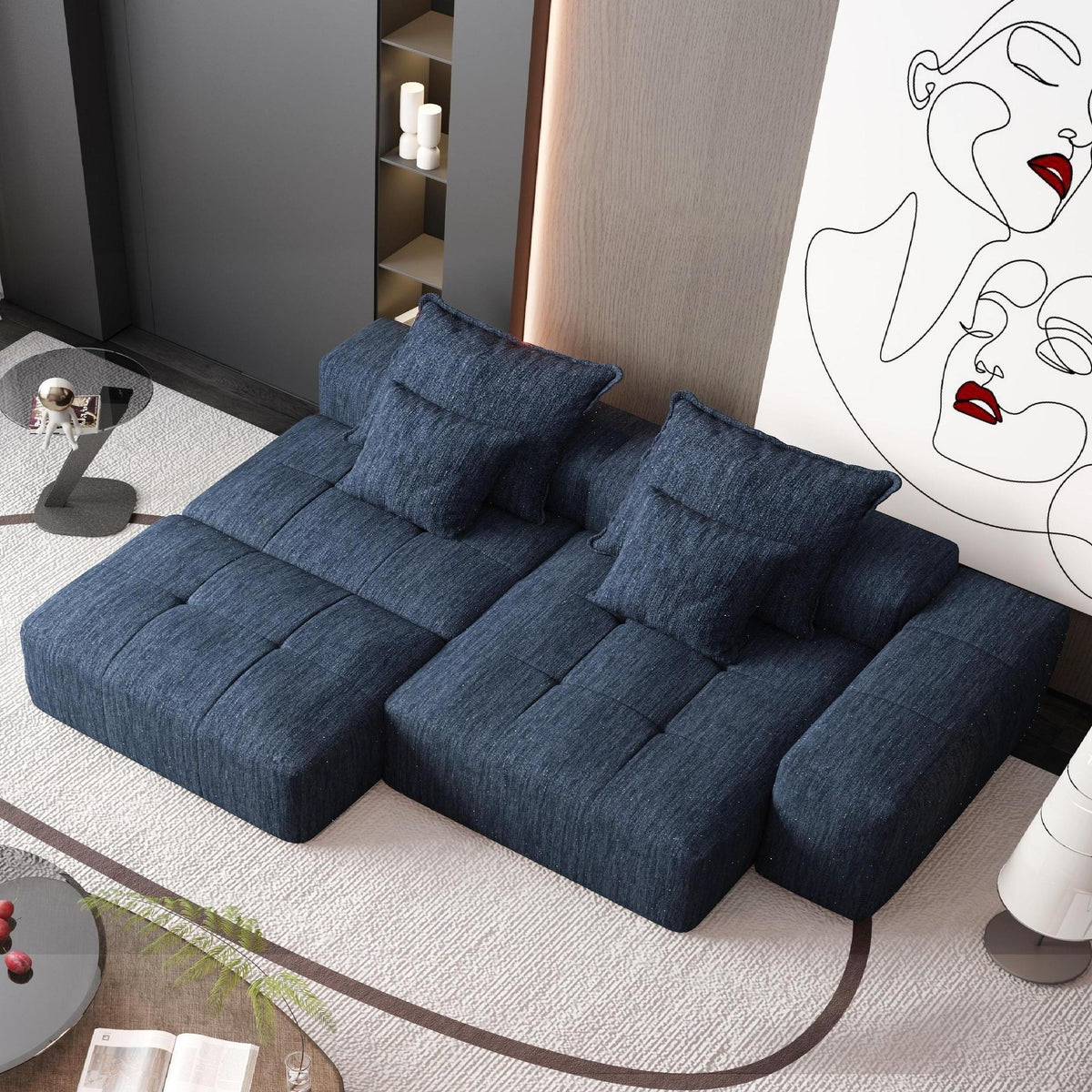 Chenille Spring-Core Boneless Couch — 128"W — Blue