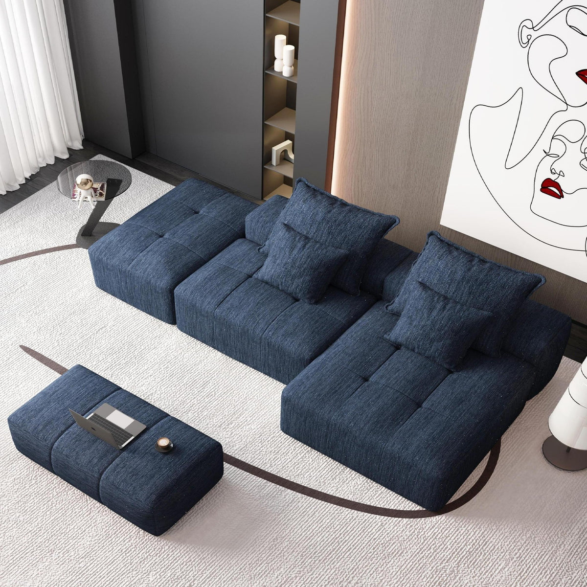 Chenille Spring-Core Boneless Couch — 128"W — Blue