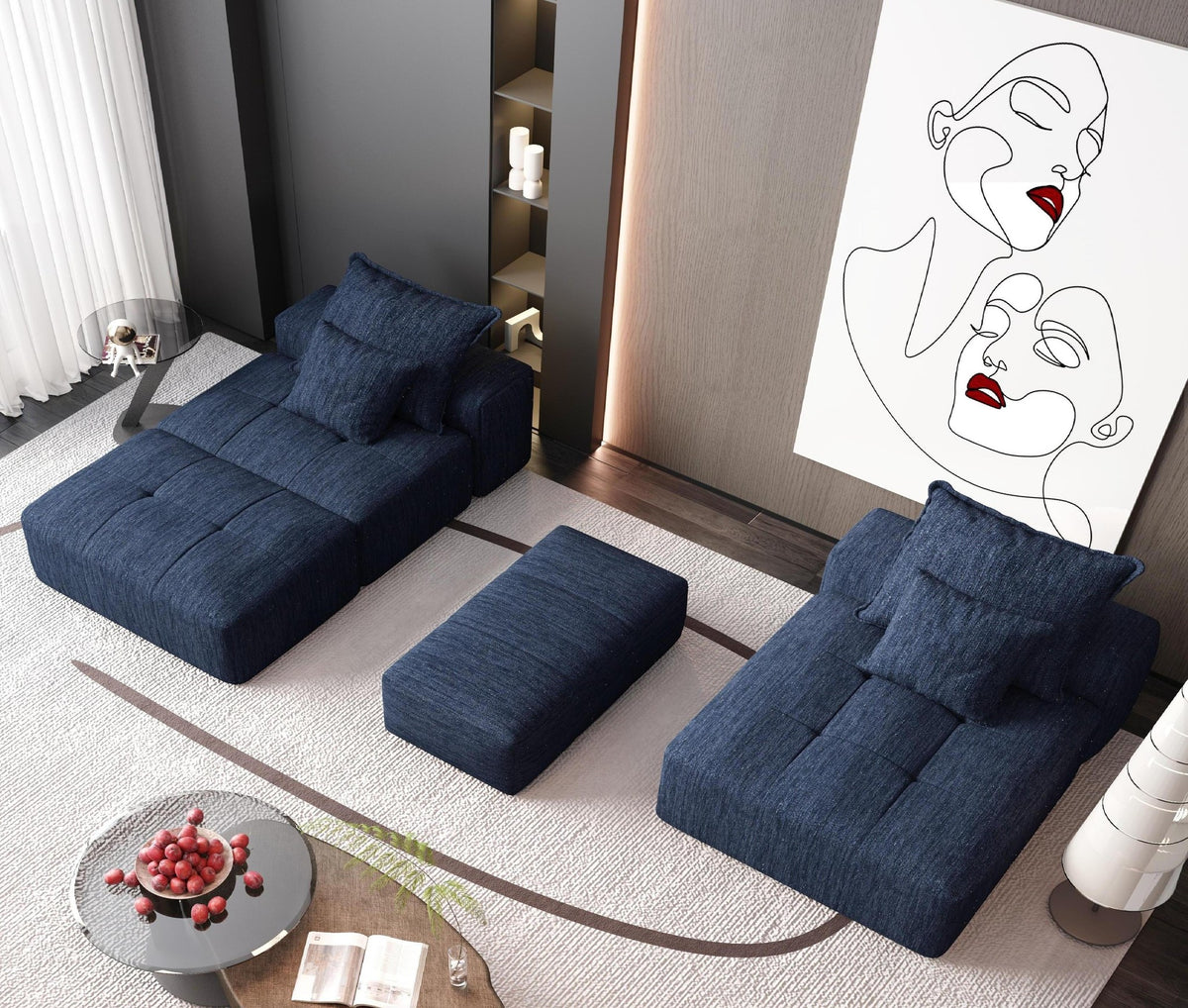 Chenille Spring-Core Boneless Couch — 128"W — Blue