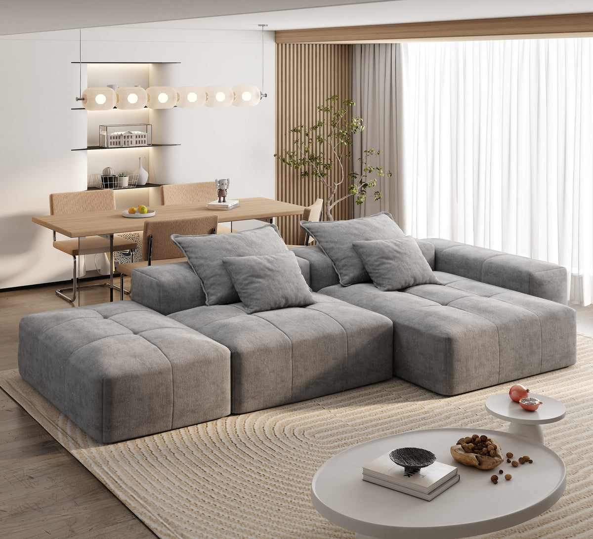 Chenille Spring-Core Boneless Couch — 128"W — Grey