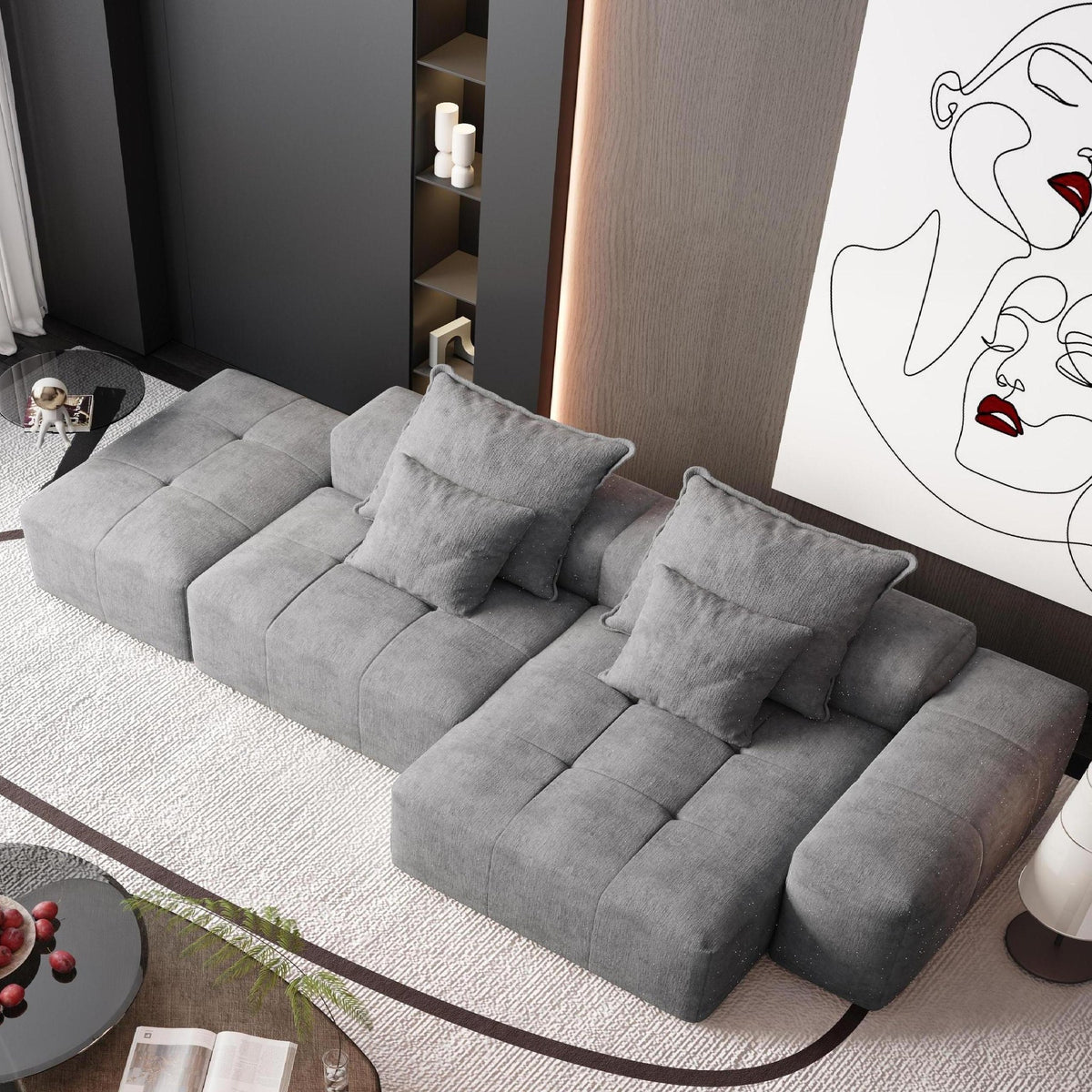 Chenille Spring-Core Boneless Couch — 128"W — Grey