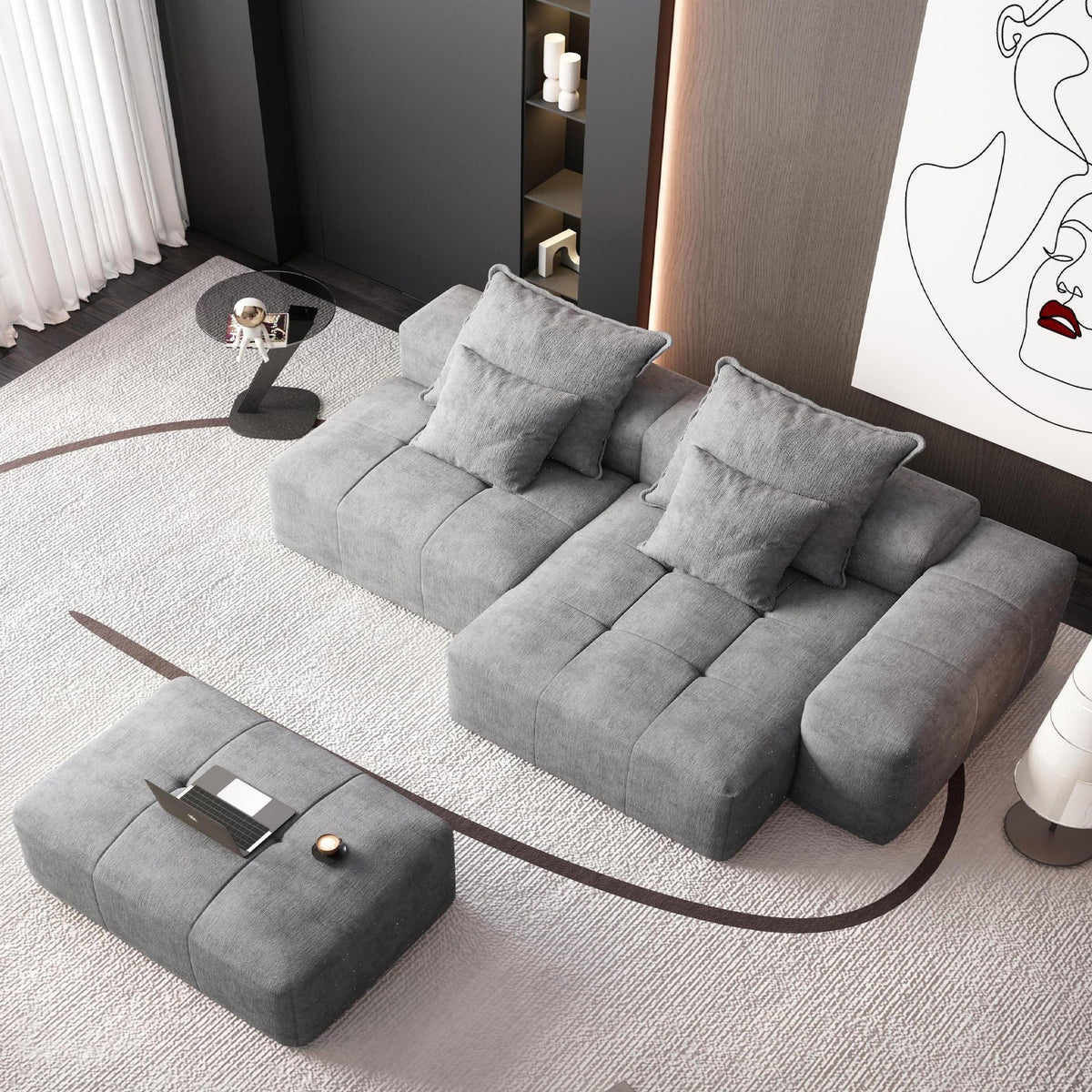 Chenille Spring-Core Boneless Couch — 128"W — Grey