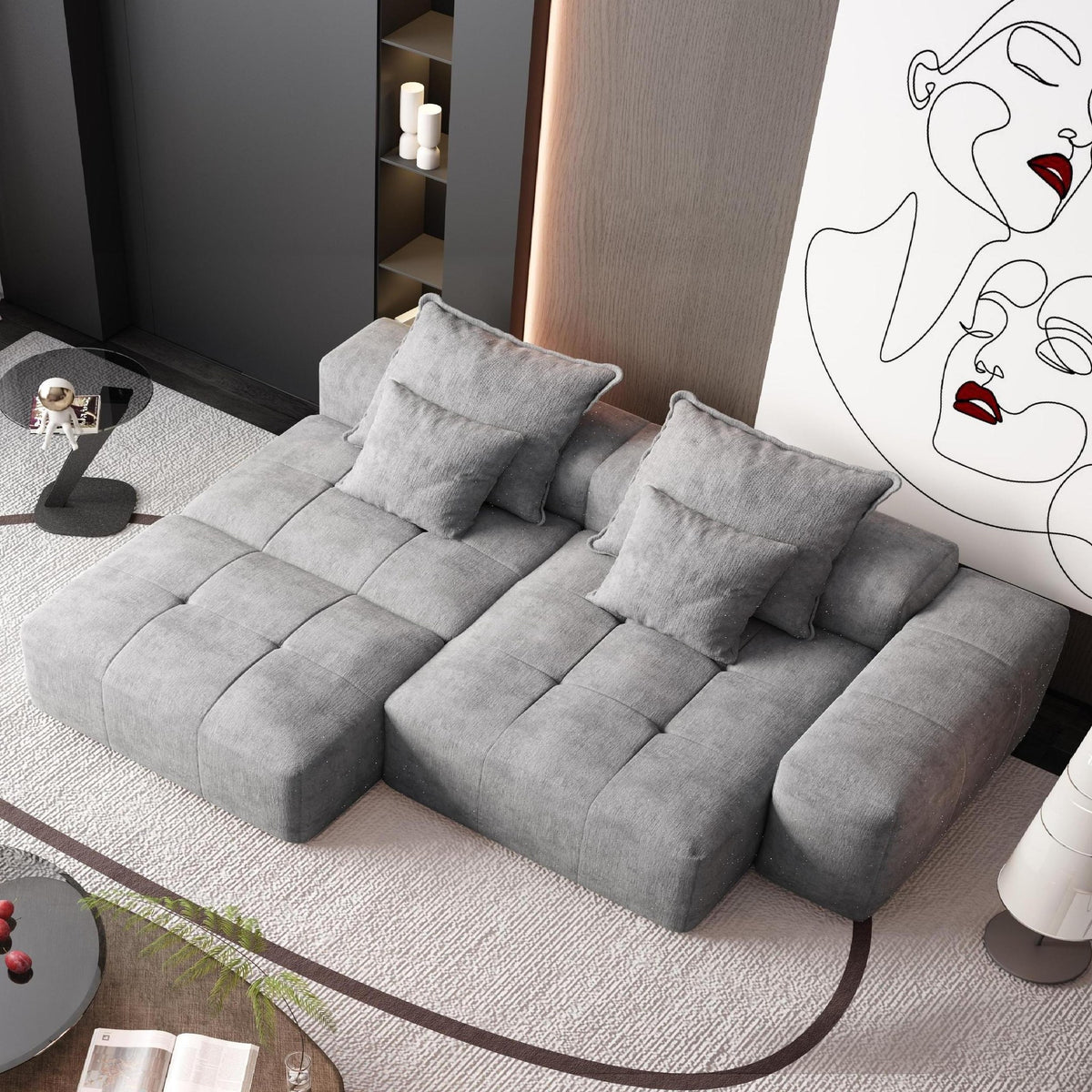 Chenille Spring-Core Boneless Couch — 128"W — Grey