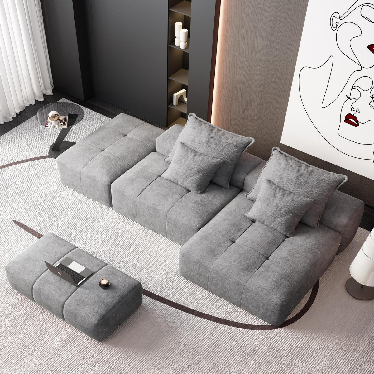 Chenille Spring-Core Boneless Couch — 128"W — Grey